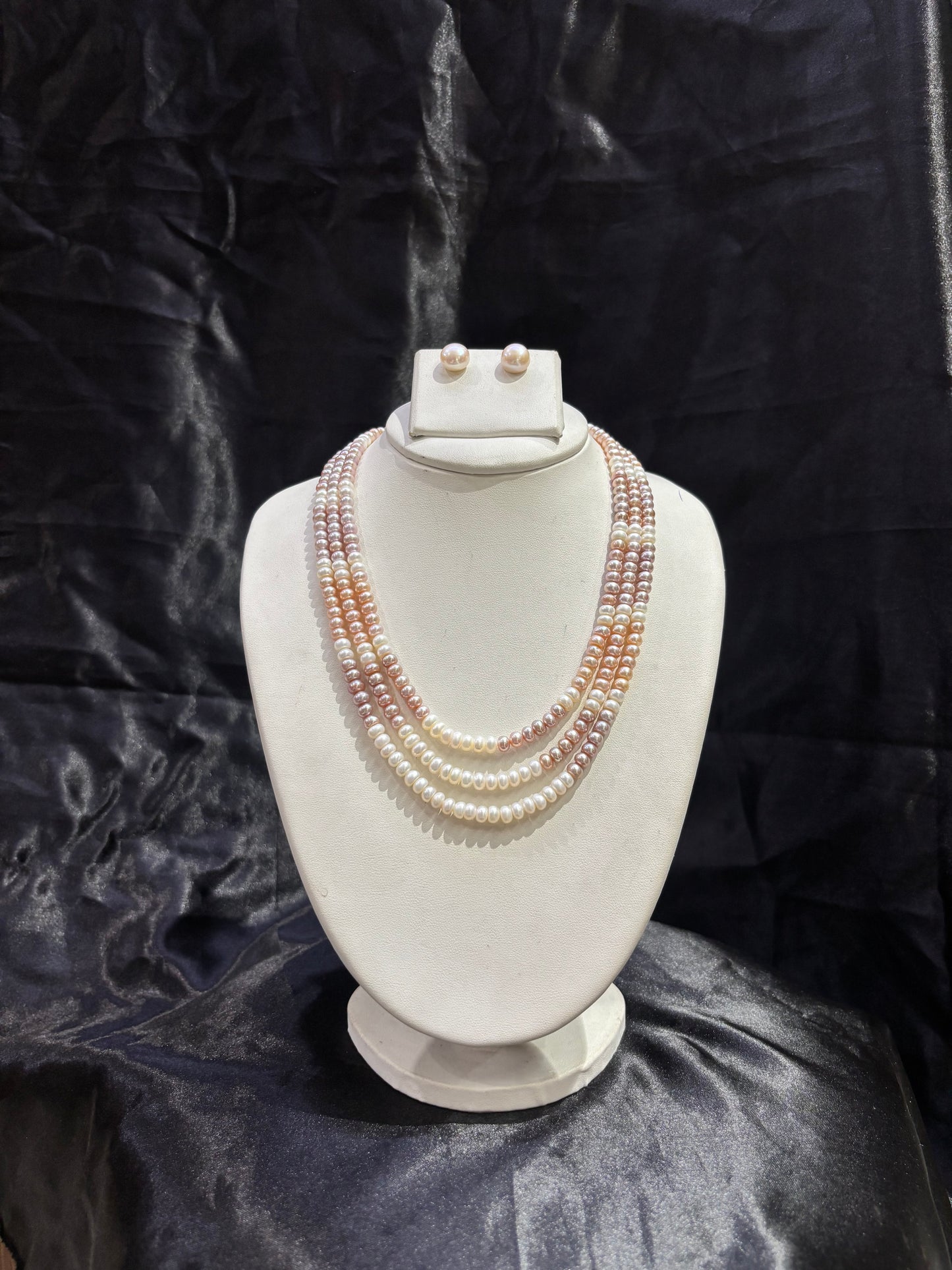 Elegant Triple Layer Pink & White Freshwater Pearl Necklace Set