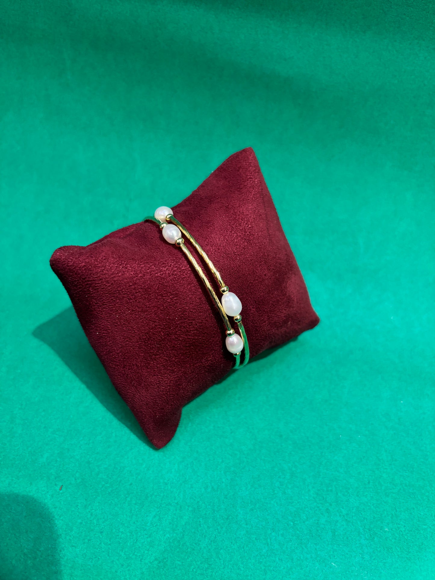 Minimalist Freshwater Pearl Double Line Open Cuff Bracelet – Gold Finish