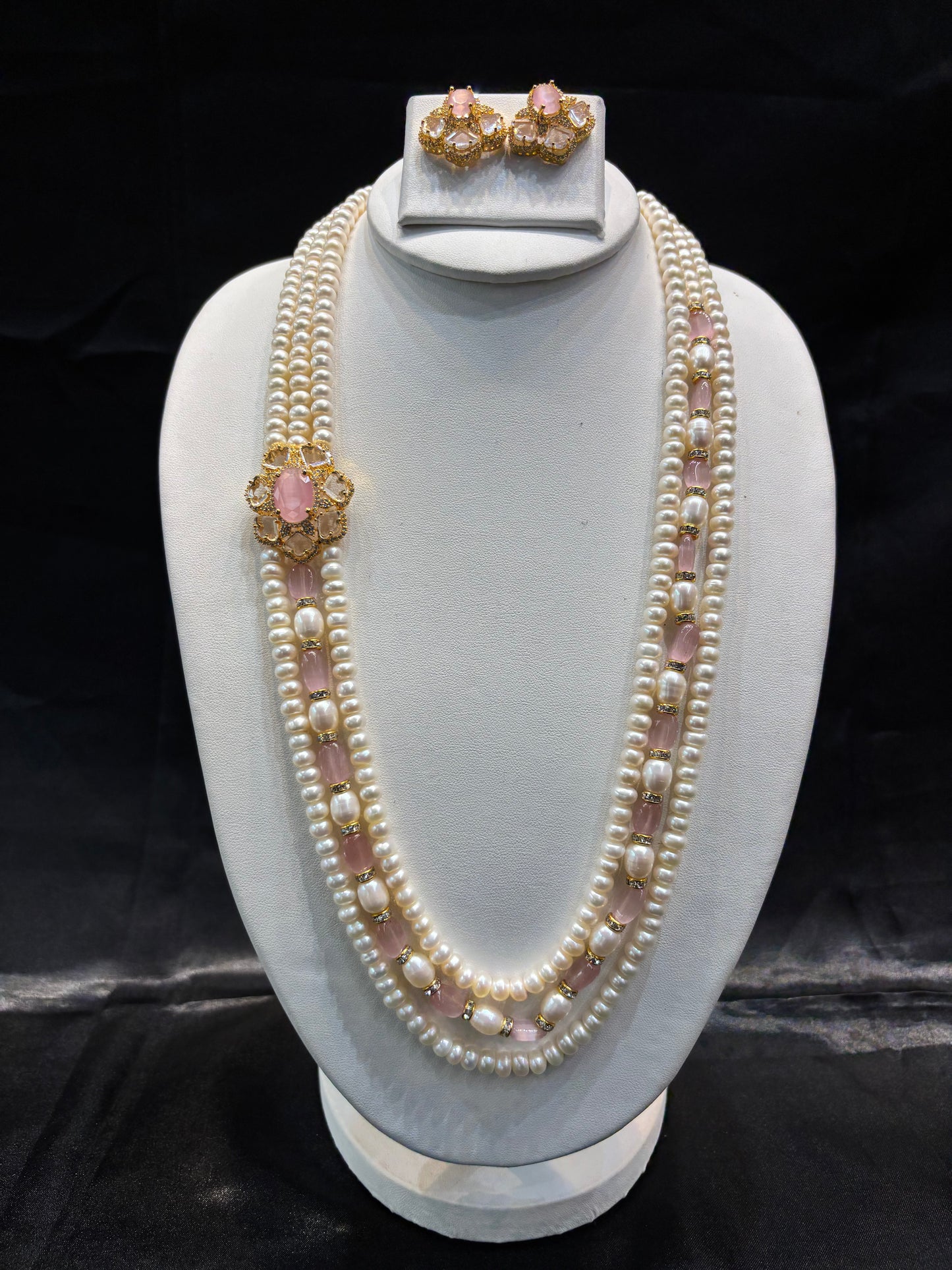 Pearl Side Brooch Necklace Set (Dual-Layer) with Earrings