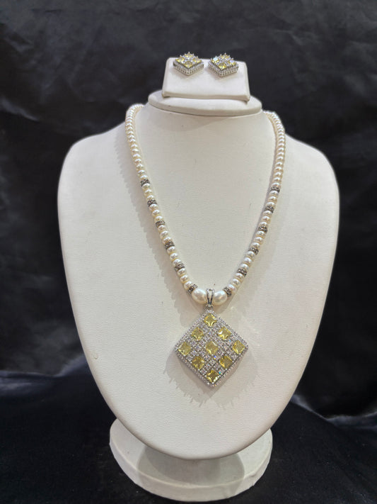 Freshwater Pearl Necklace Set with Yellow Crystal Designer Pendant – Code 50026