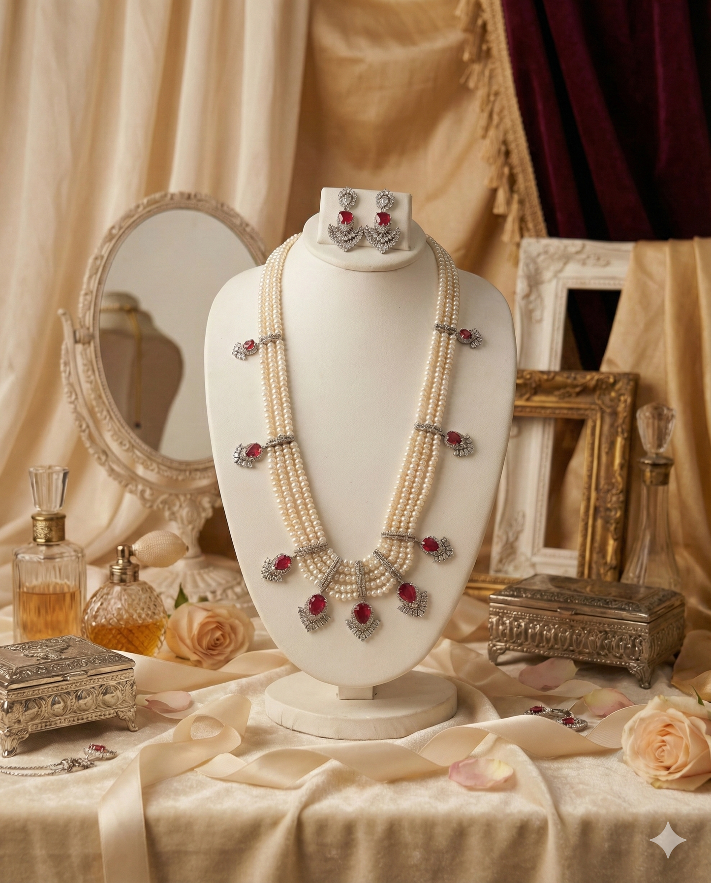 Royal Pearl Ruby Statement Necklace Set