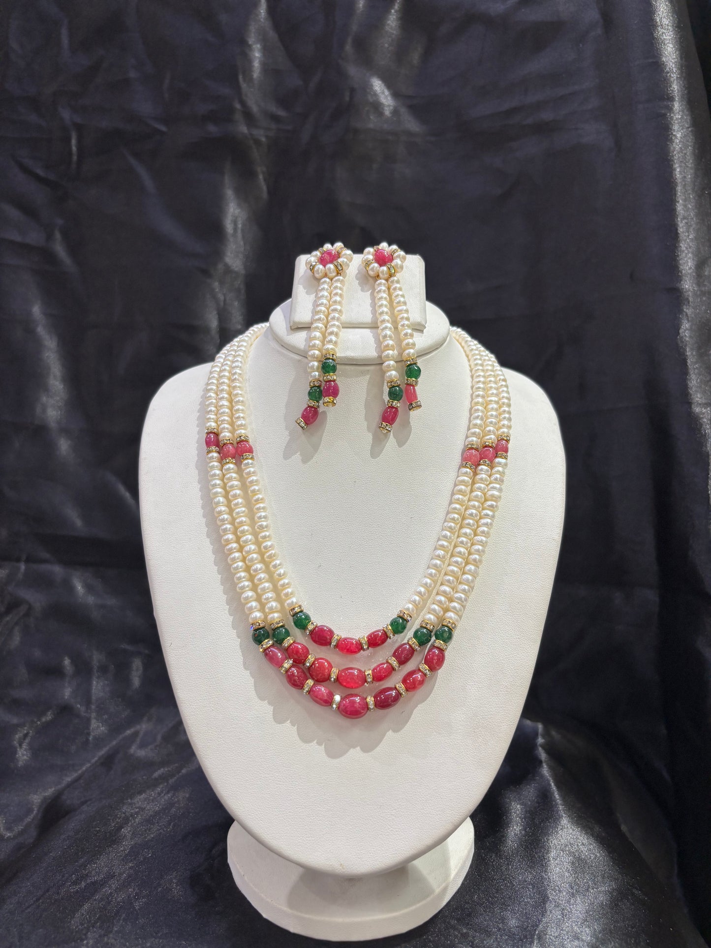 Traditional Triple Layer Pearl Necklace Set with Pink & Green Stones