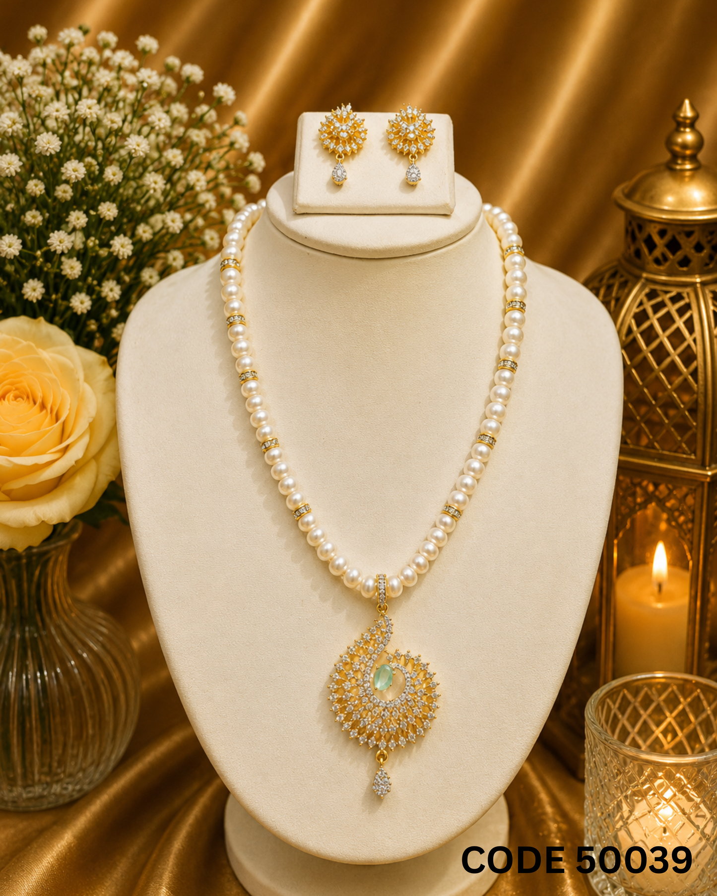 Pearl Necklace Set with Mint Green Stone Designer Pendant & Earrings – Code 50039