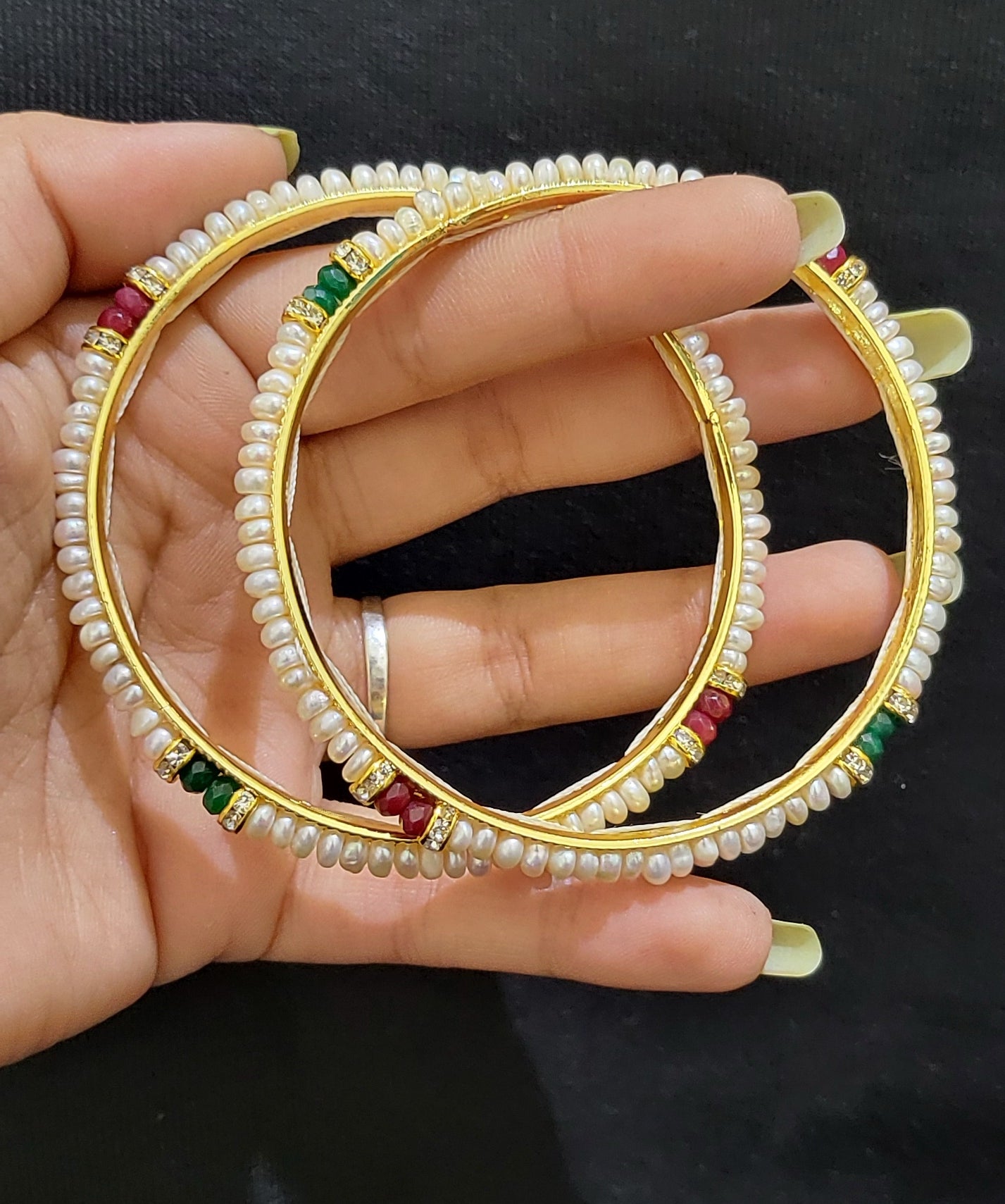 Set of Real Pearl Bangles with Gold Alloy Base (Small Beads