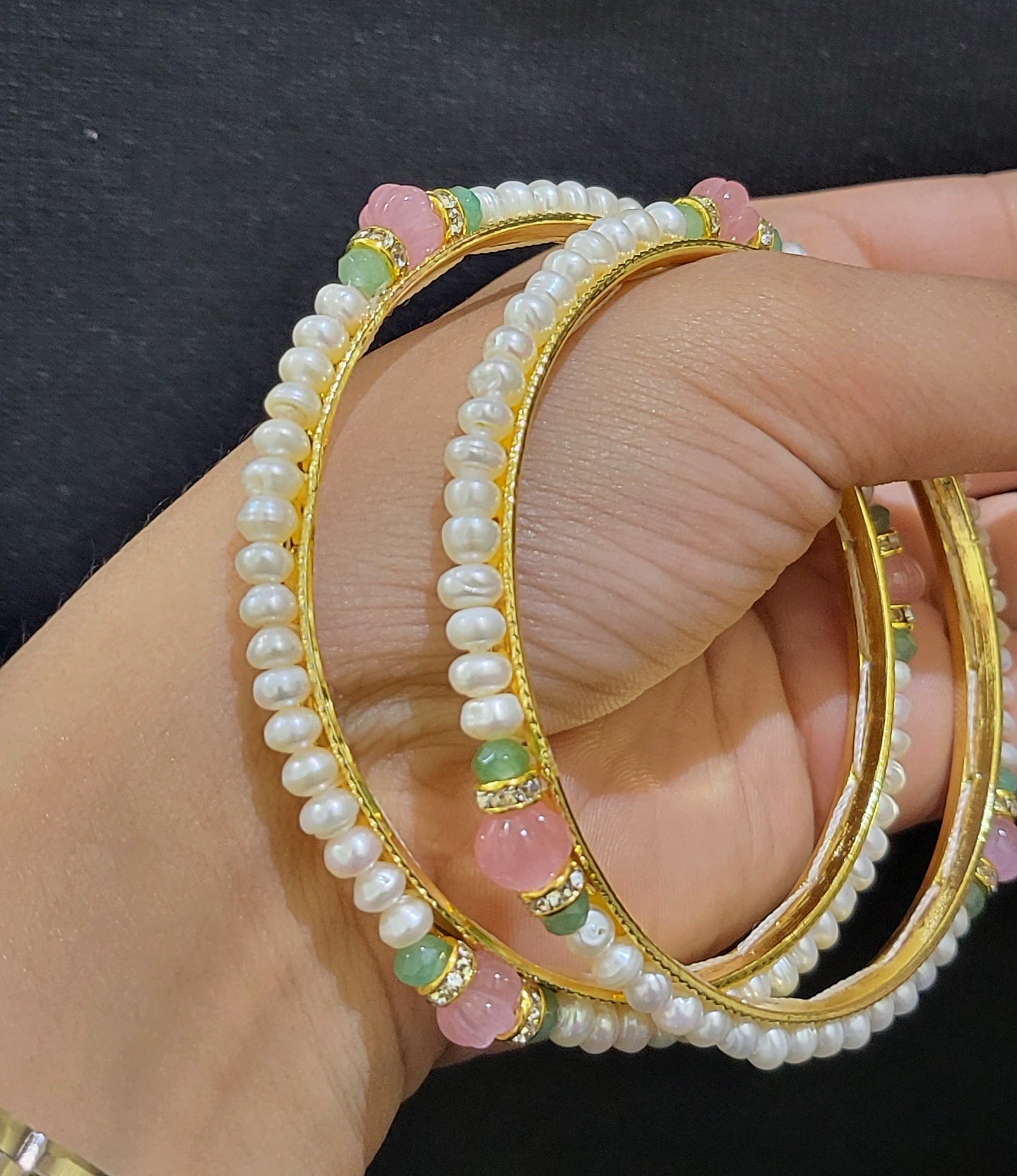 Set of Real Pearl Bangles with Gold Alloy Base (Pastel Pink) Sizes to