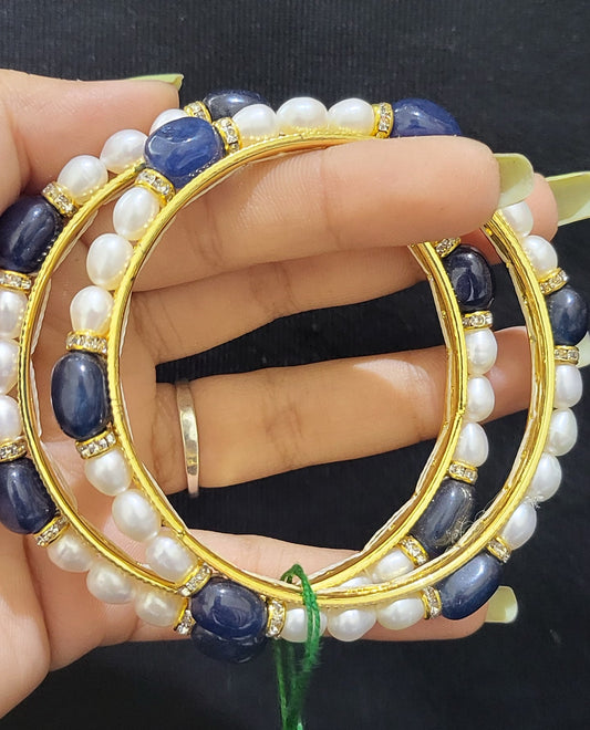 Set of 2 | Real Pearl Bangles with Gold Alloy Base (Blue Beads) | Sizes 2.2 to 2.10