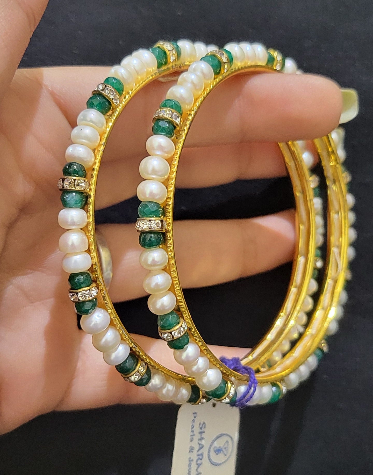 Set of Real Pearl Bangles with Gold Alloy Base (Green Beads) Sizes to