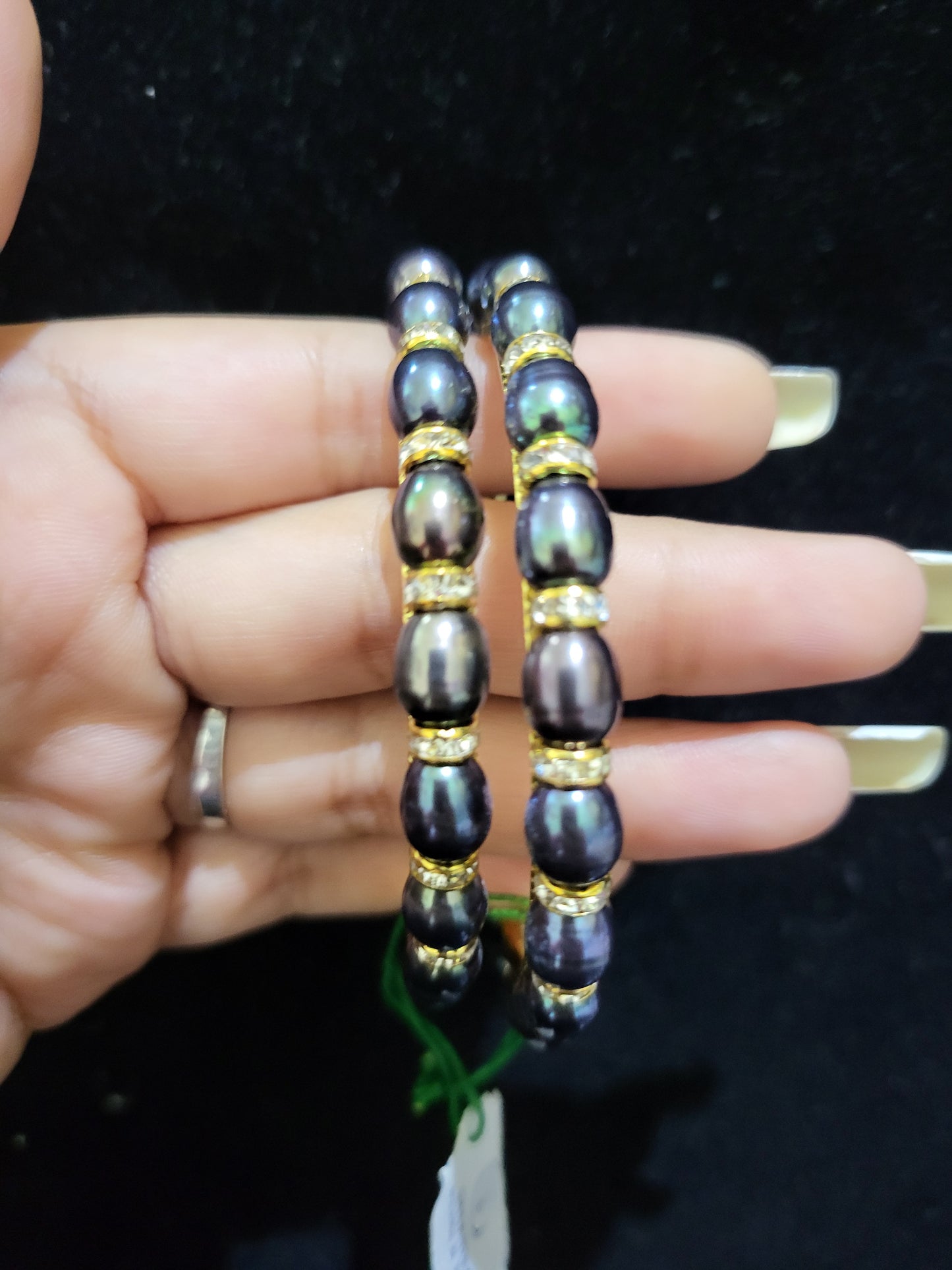 Set of 2 | Real Black Pearl Bangles (Gold Alloy Base) | Sizes 2.2 to 2.10