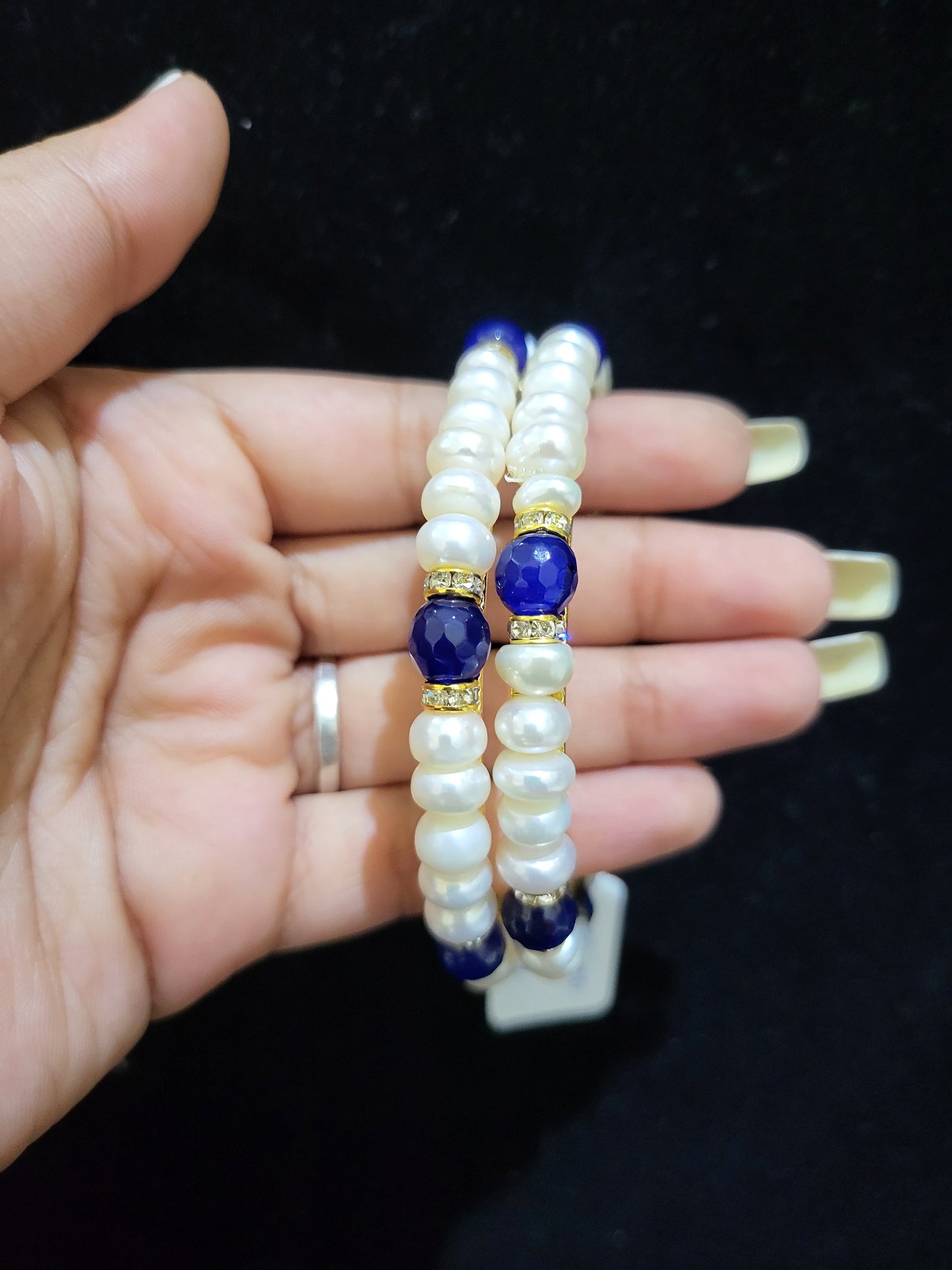 Set of 2 | Real Pearl Bangles with Blue Beads (Gold Alloy Base) | Sizes 2.2 to 2.10
