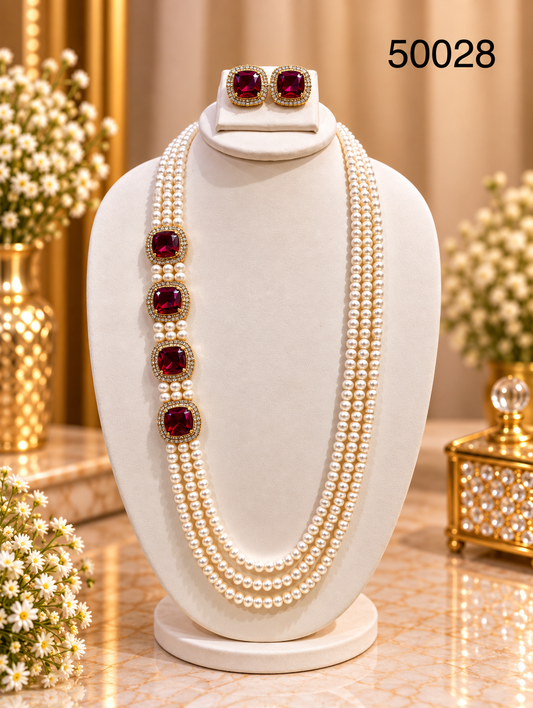 White Pearl Multi-Strand Necklace Set with Ruby-Coloured Stones