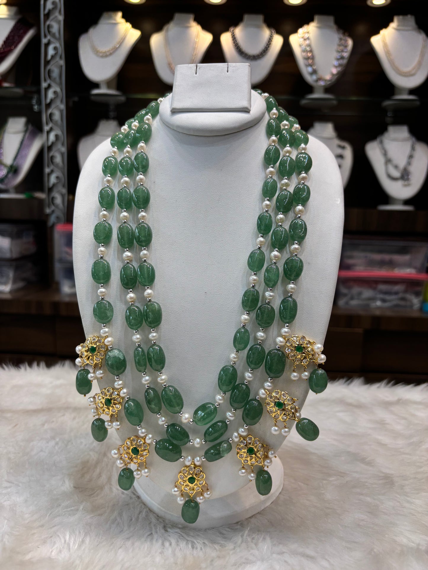 Emerald Green Beaded Pearl Necklace Set