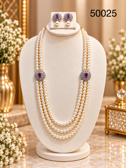 White Pearl Multi-Strand Necklace Set with Ruby-Coloured Stones