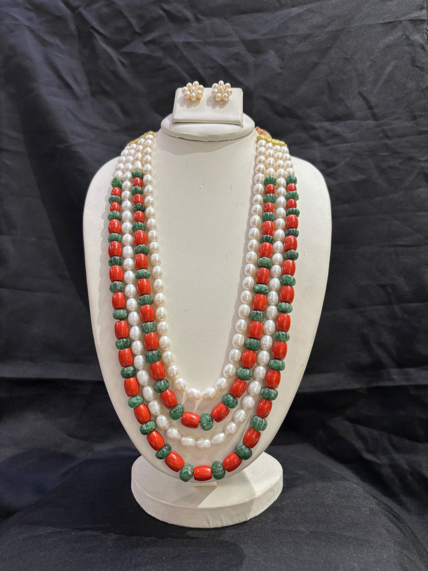 Coral Red, Green Stone & Freshwater Pearl 4-Line Necklace Set