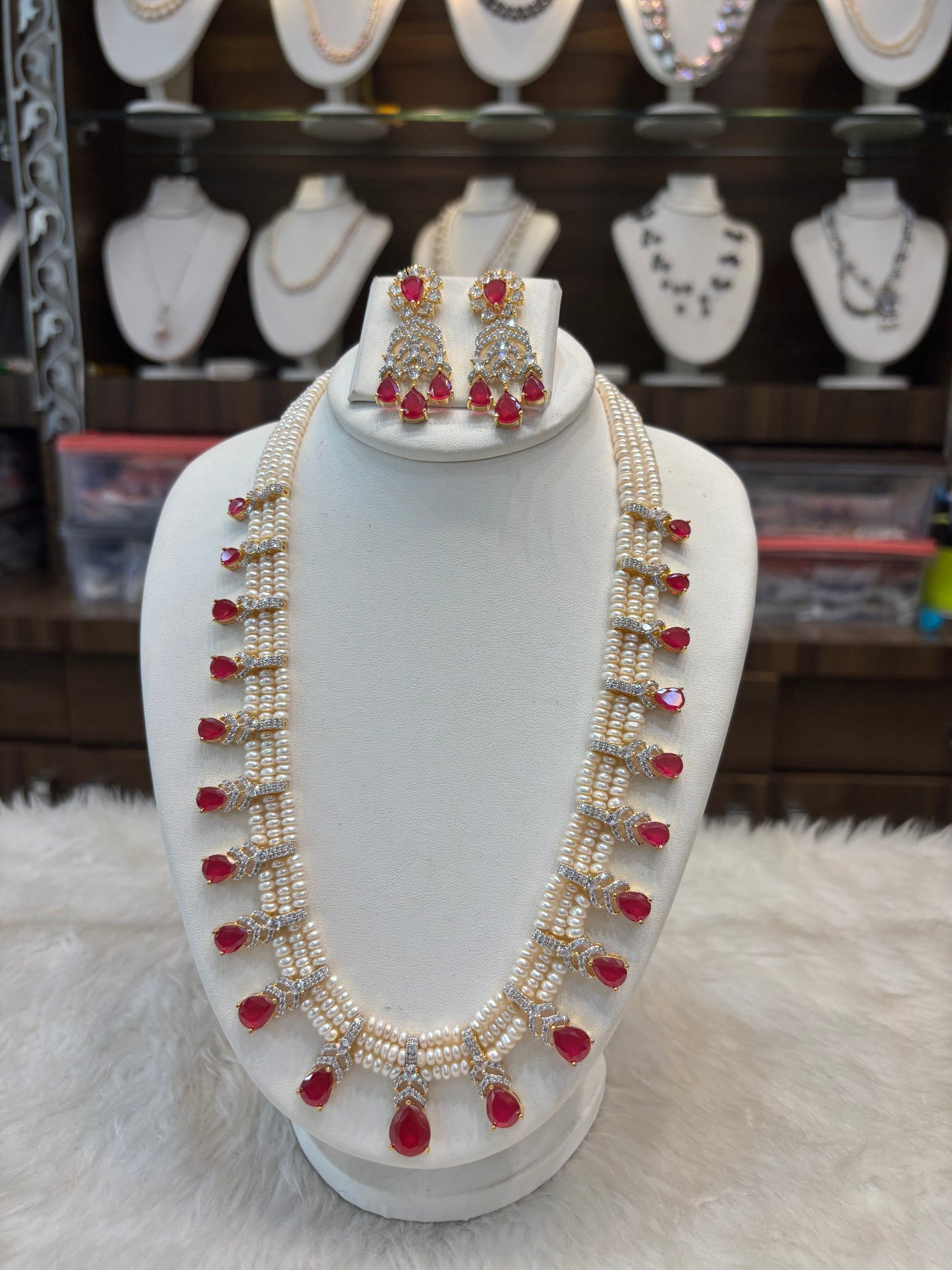 Ruby Drop Pearl Necklace Set