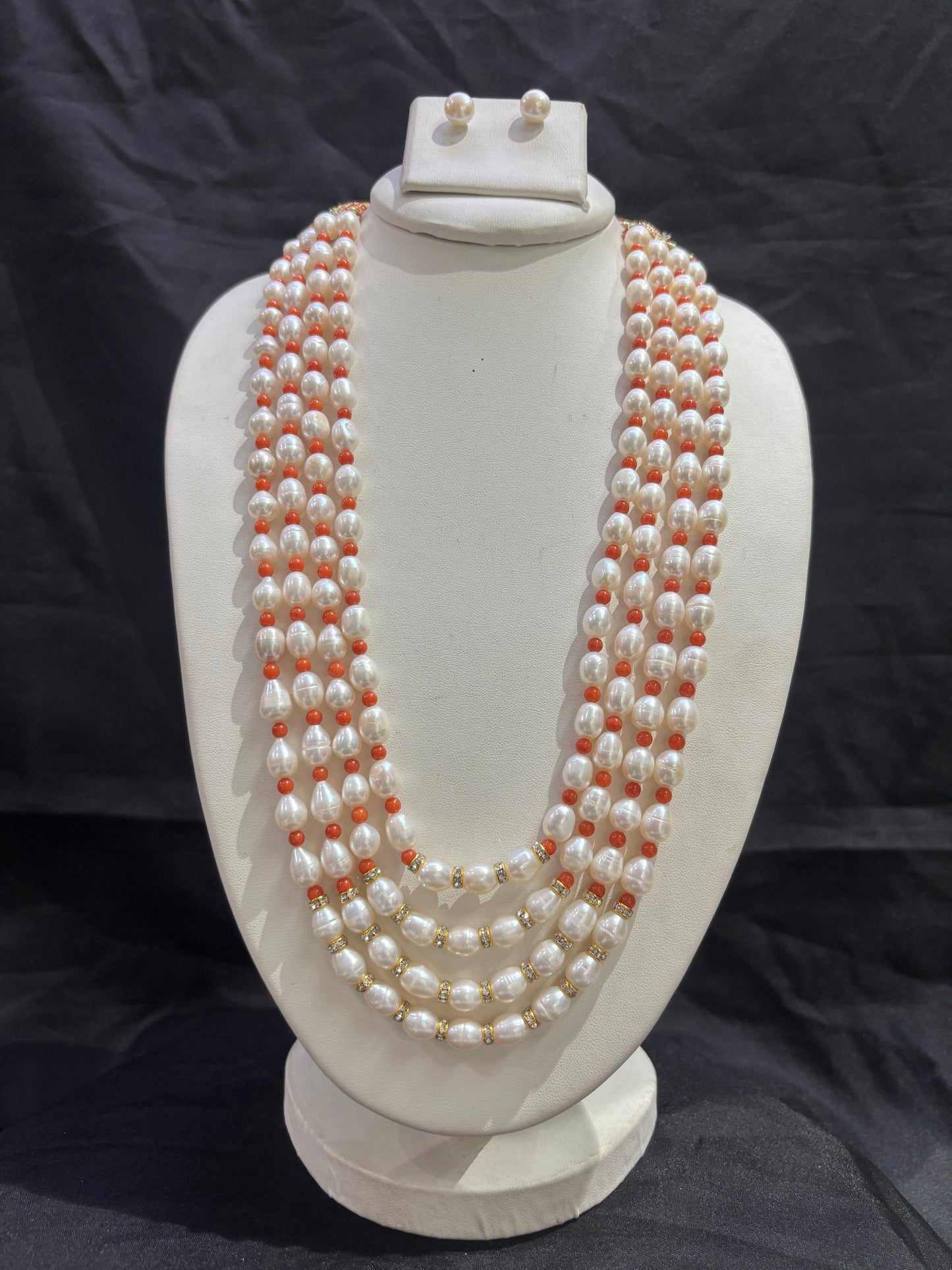 Elegant Freshwater Pearl & Coral Bead 4-Line Necklace Set