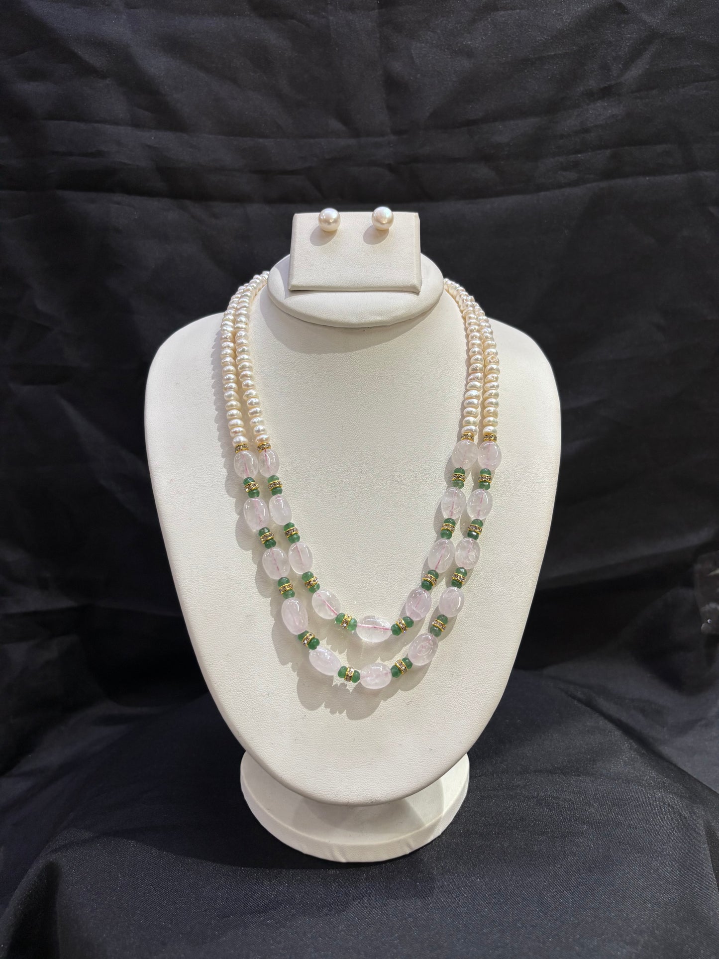 Double Layer Freshwater Pearl & Rose Quartz Necklace Set