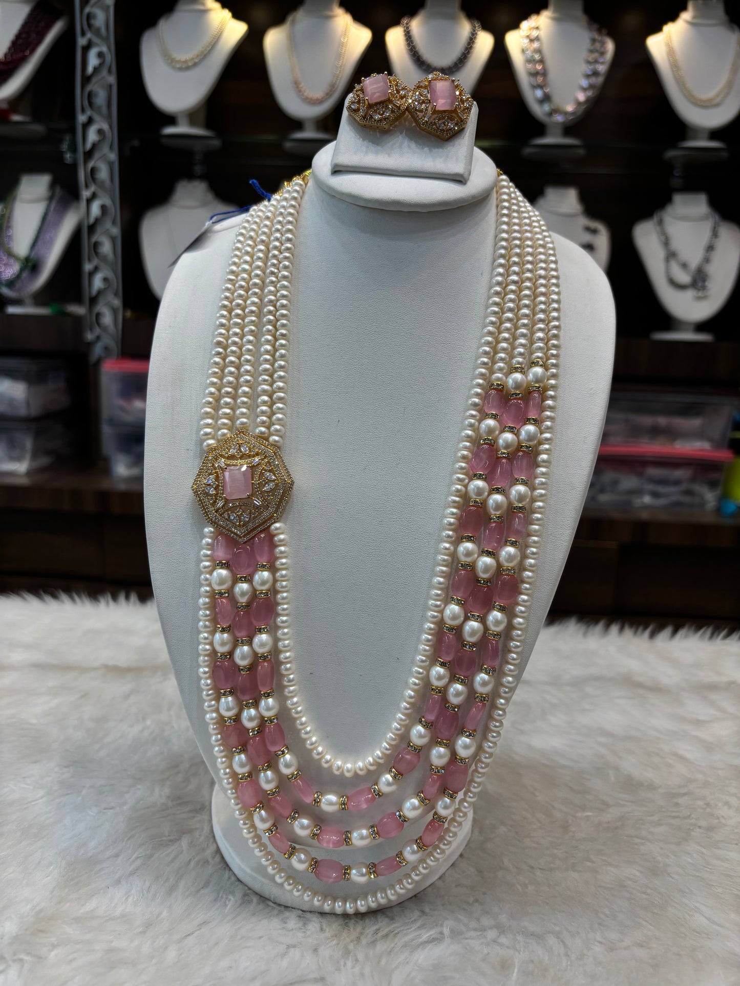 Pink Stone & Pearl Multi-Layer Necklace Set
