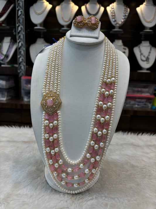 Pink Stone & Pearl Multi-Layer Necklace Set