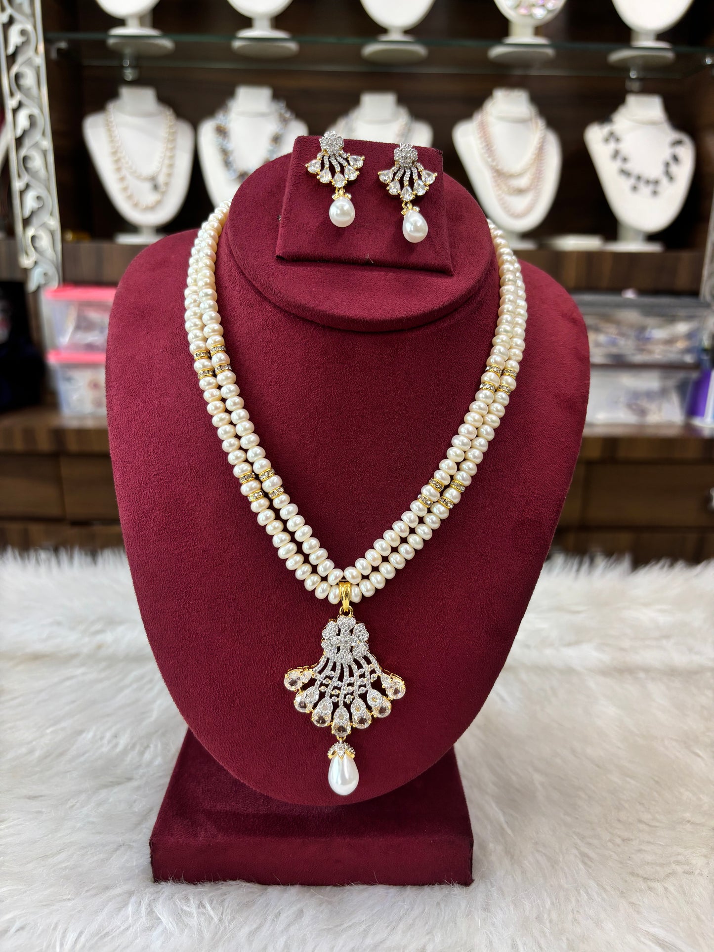 Elegant Pearl Double Layer Necklace Set with Earrings