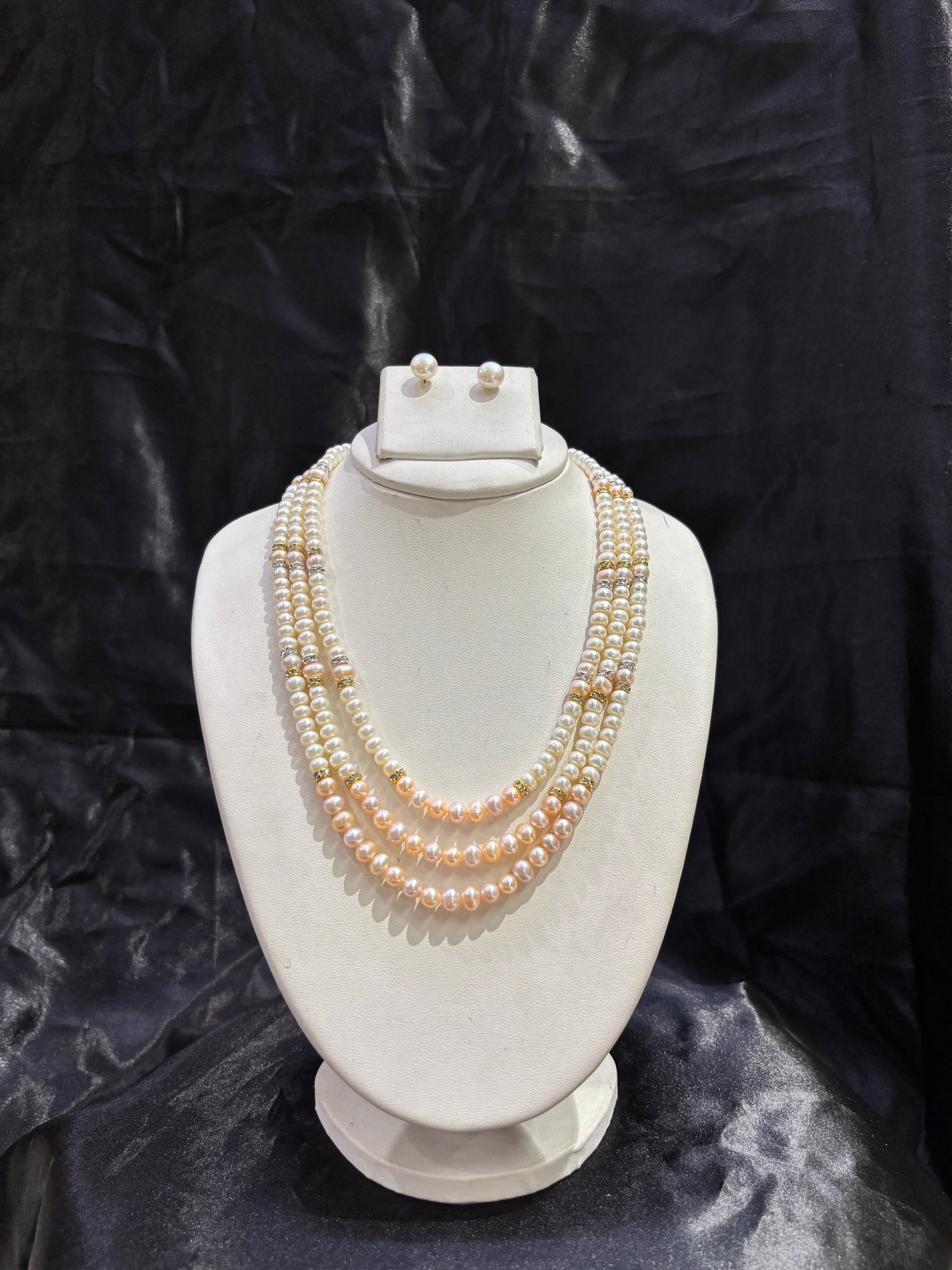 Elegant Triple Layer White & Peach Pearl Necklace Set