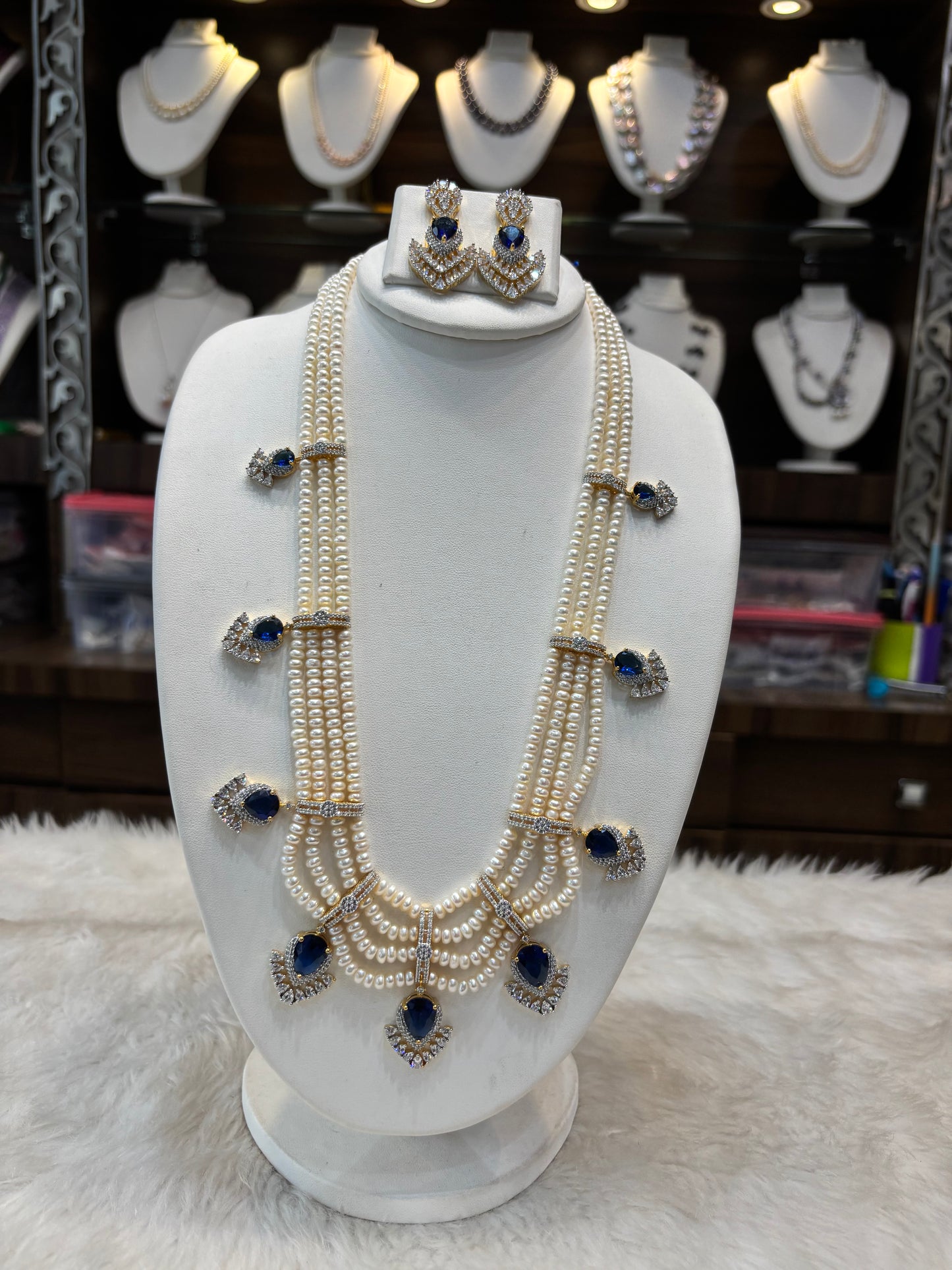 Blue Stone Real Pearl Necklace Set