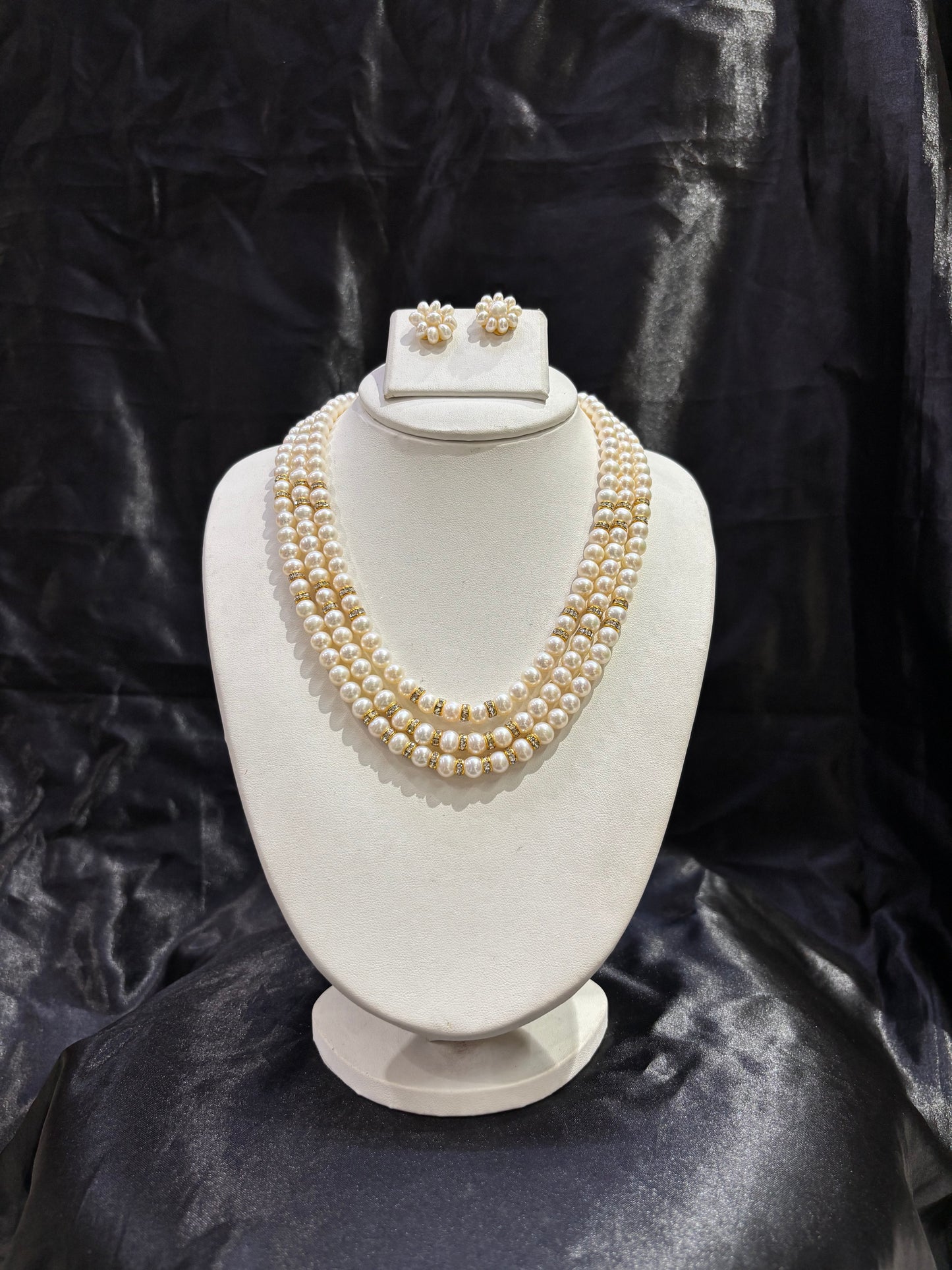 Luxury Triple Layer Pearl Necklace Set with Crystal Spacers