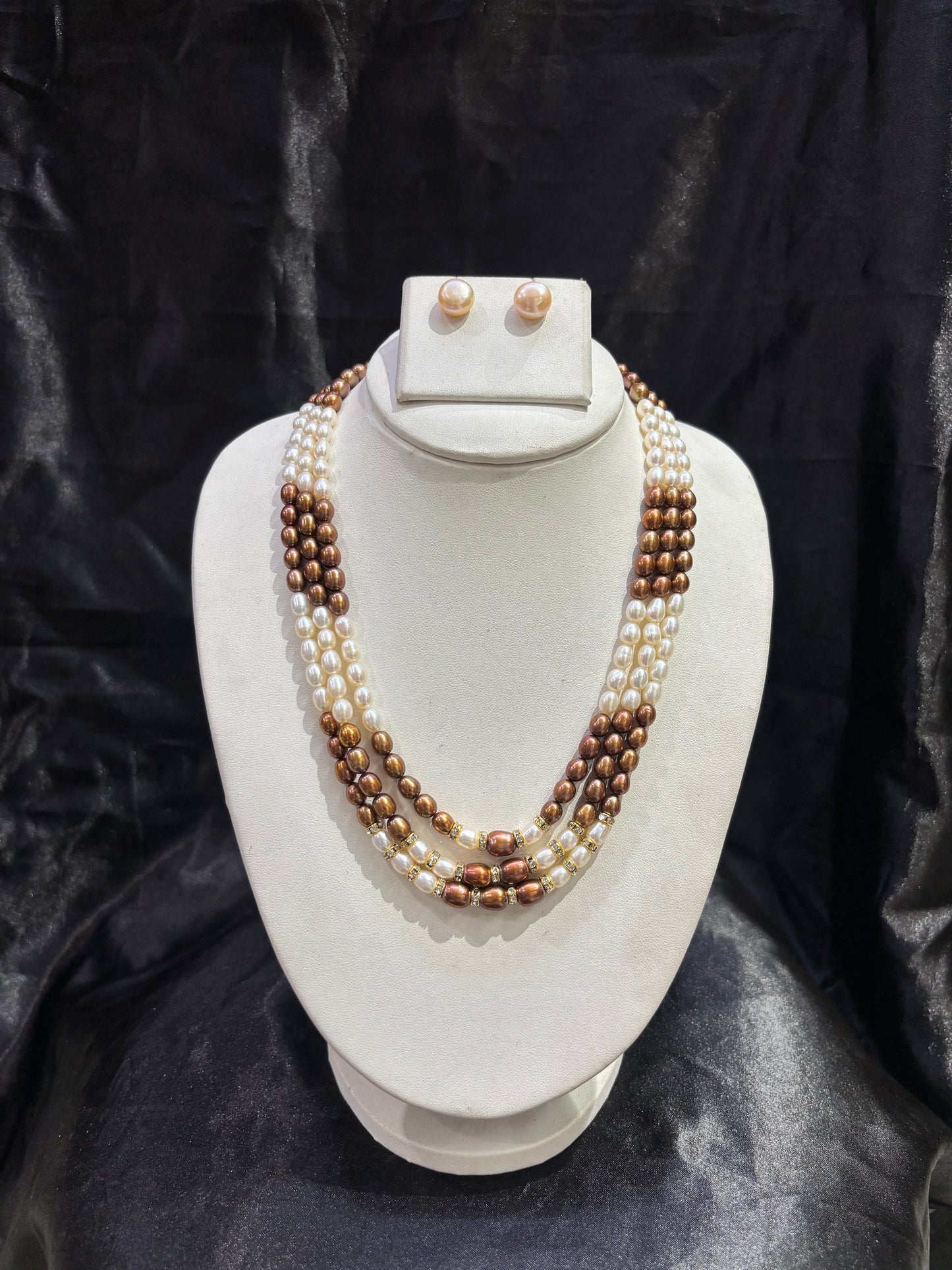 Elegant Brown & White Freshwater Pearl Triple Layer Necklace Set