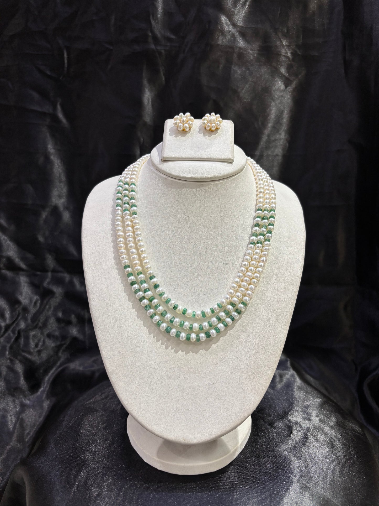 Elegant Triple Layer Pearl & Green Stone Necklace Set