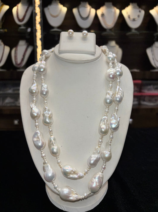 Elegant White Pearl Long Necklace Set