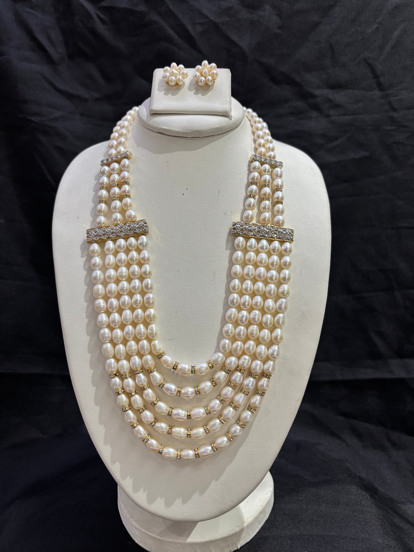 Luxury 5-Line Freshwater Pearl Necklace Set with Crystal Bars