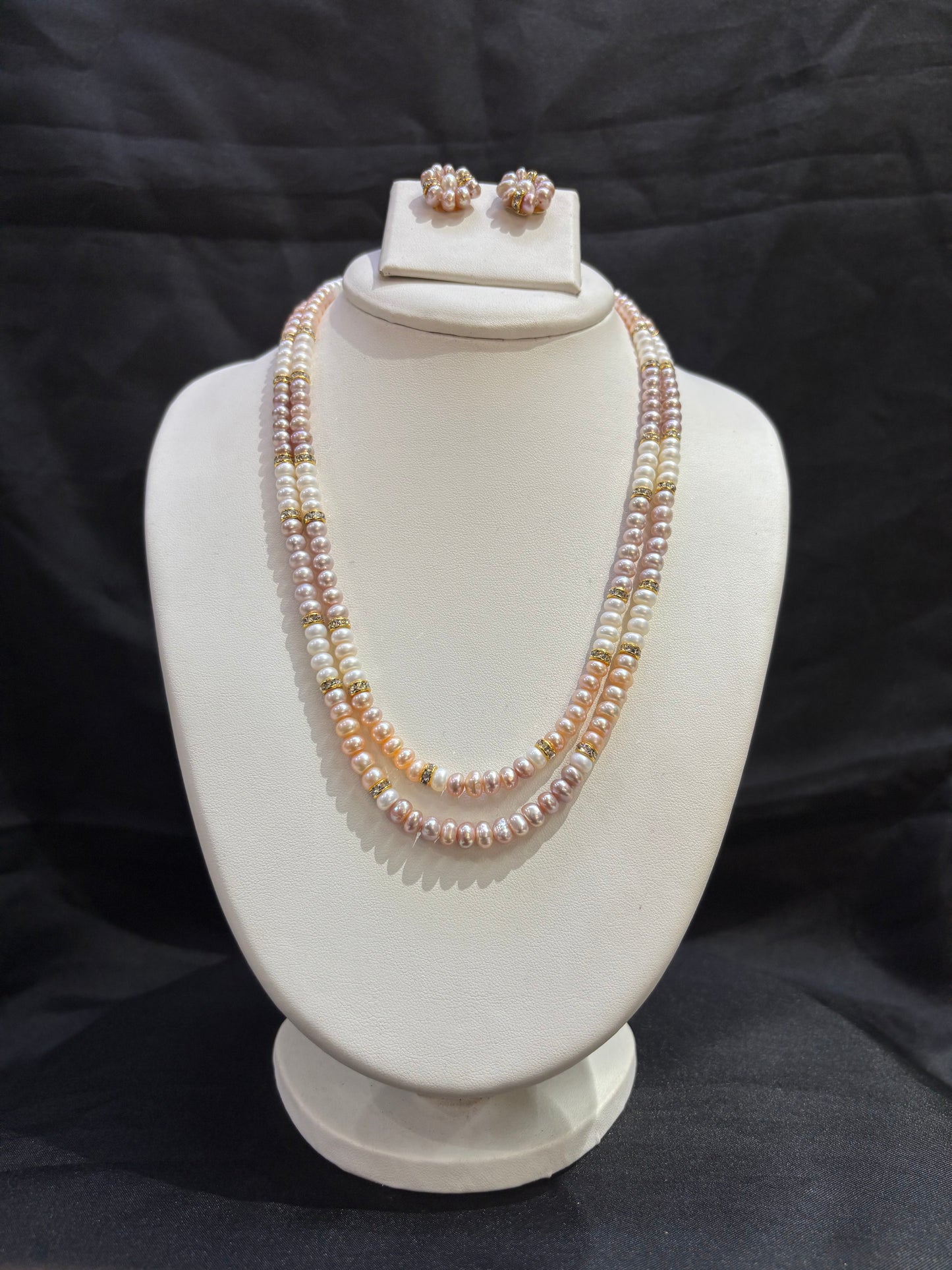 Triple Tone Double Layer Freshwater Pearl Necklace Set