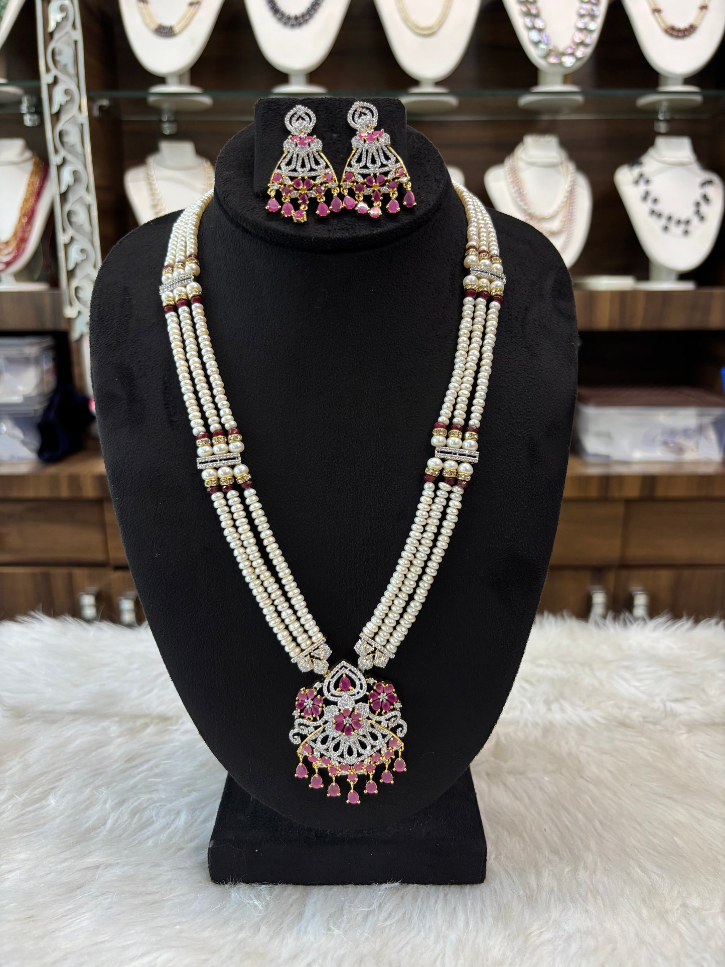 Traditional Pearl Necklace Set with Ruby Stone Pendant & Earrings