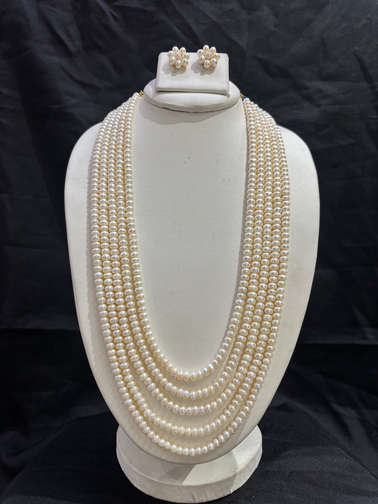 Royal 5-Line Freshwater Pearl Long Necklace Set with Floral Pearl Earrings