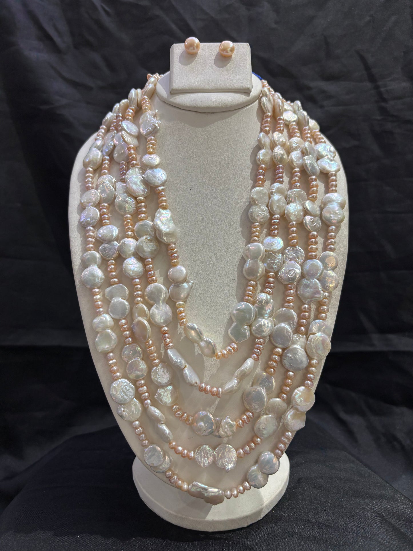 Designer Multi-Layer Baroque Pearl Necklace Set with Pink Freshwater Pearls