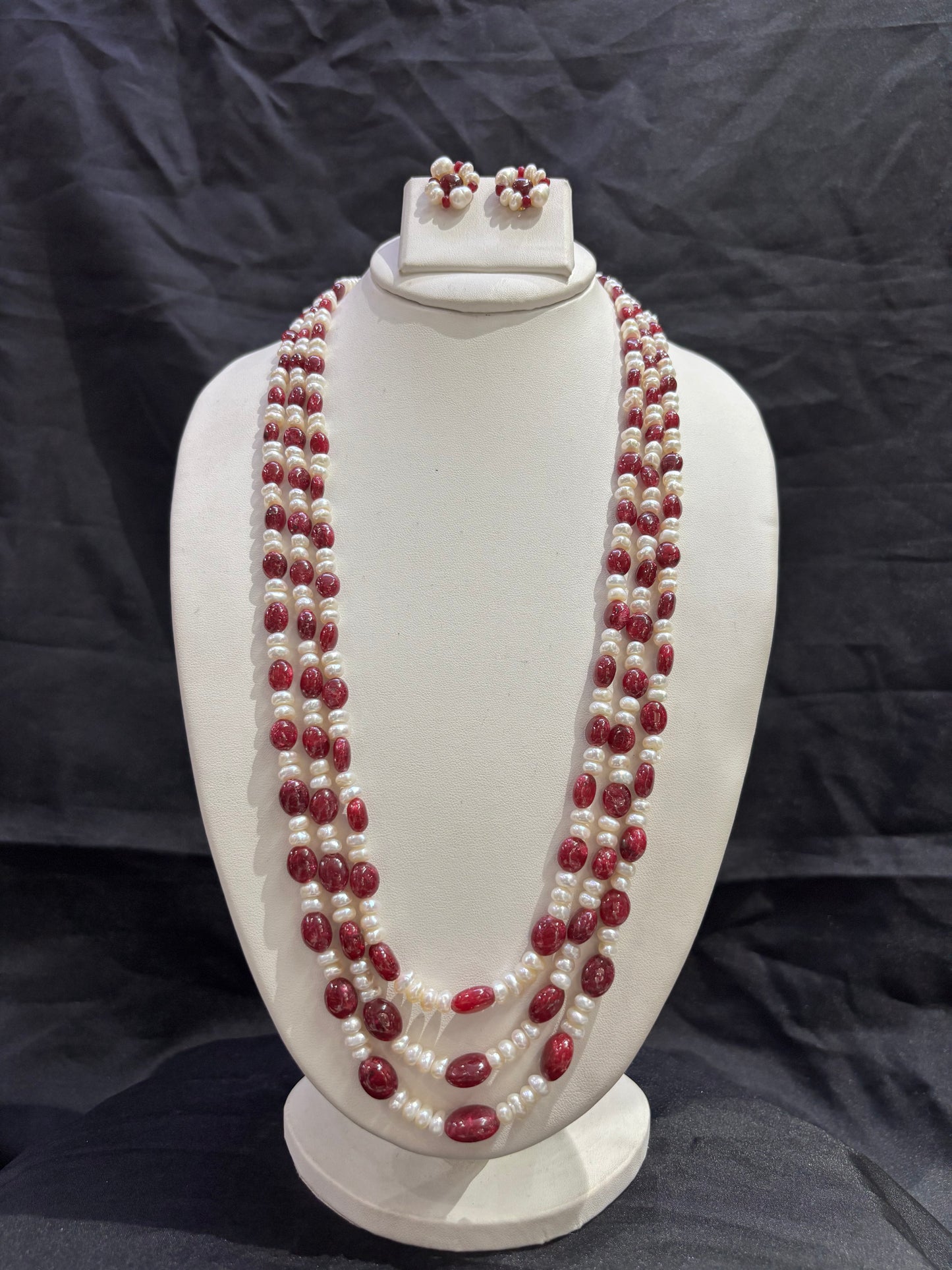 Royal Ruby Faceted Beads & Freshwater Pearl 4-Line Necklace Set