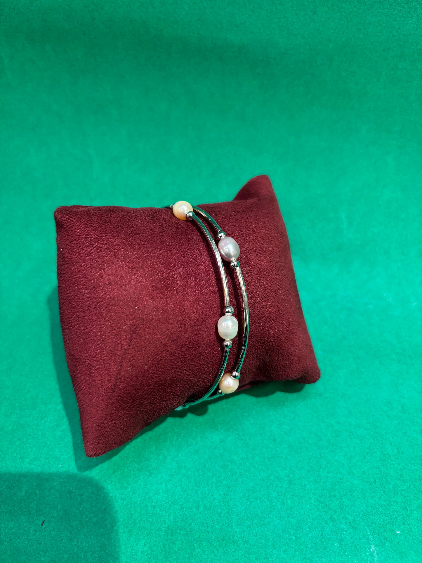 Minimalist Freshwater Pearl Triple Accent Open Cuff Bracelet β Silver Finish