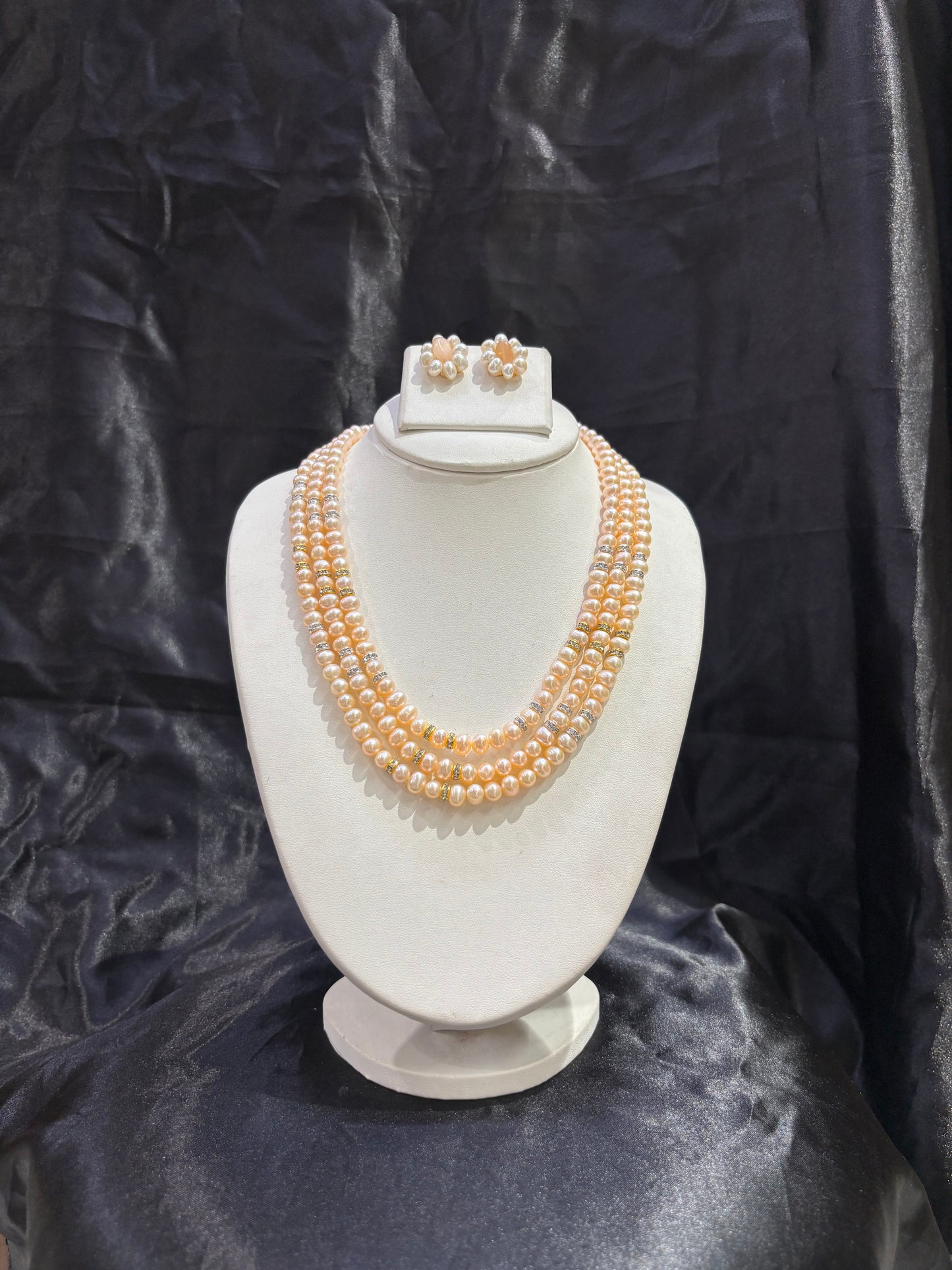Premium Triple Layer Peach Freshwater Pearl Necklace Set
