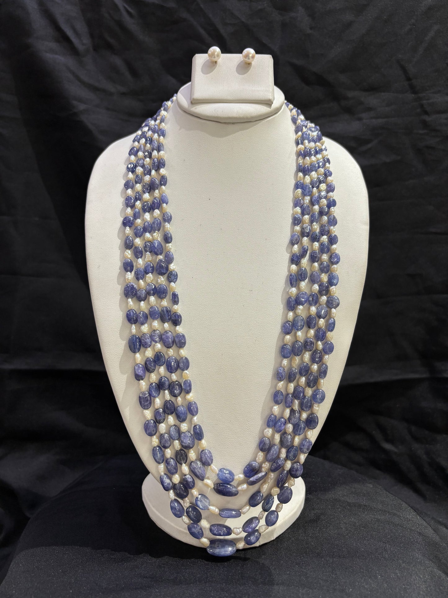 Blue Sapphire Stone & Freshwater Pearl 5-Line Necklace Set
