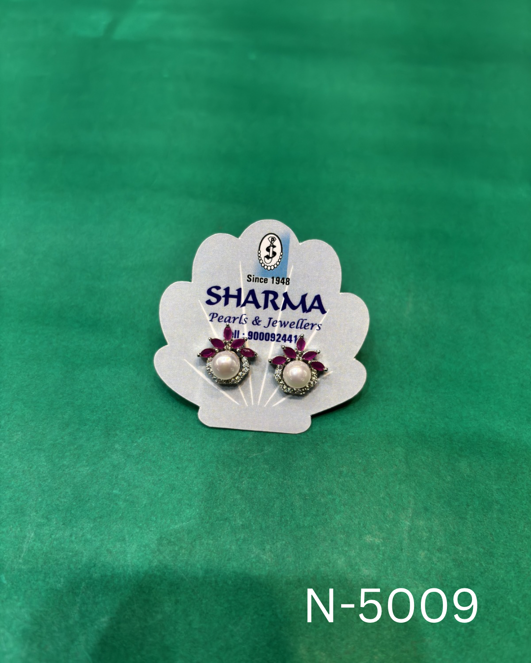 Freshwater Pearl & Ruby Floral Stud Earrings β Silver Finish