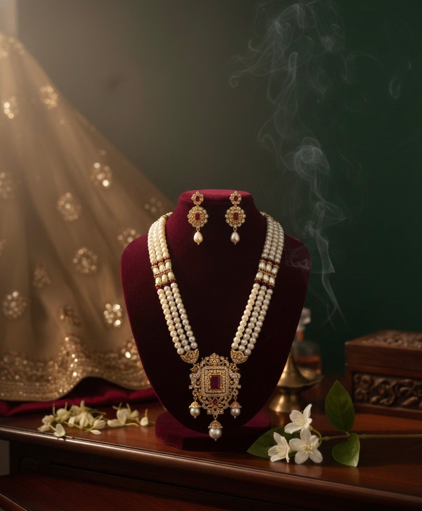 Royal Pearl Kundan Necklace Set with Ruby Pendant