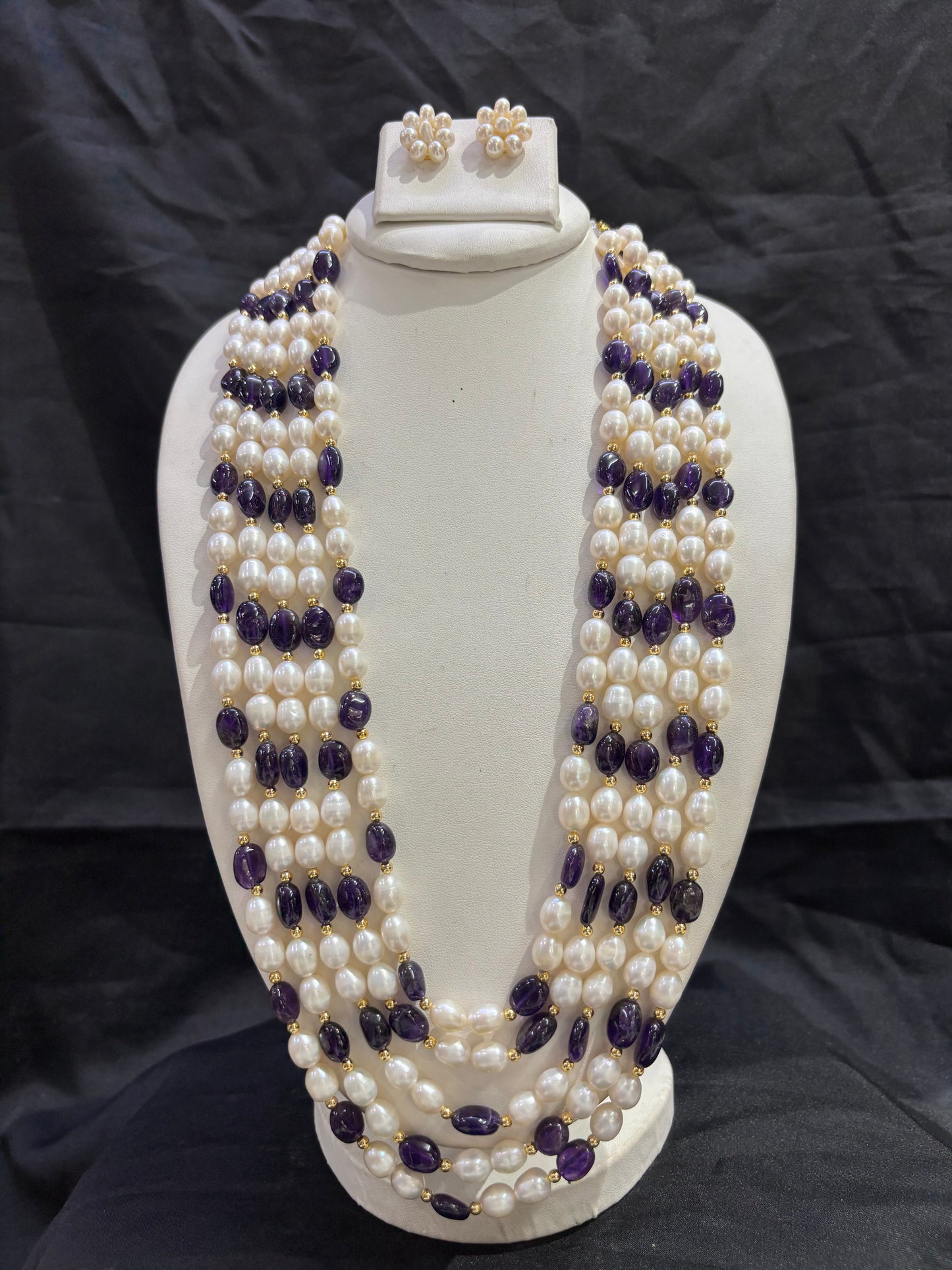 Luxury Amethyst & Freshwater Pearl Multi-Line Necklace Set with Floral Pearl Earrings