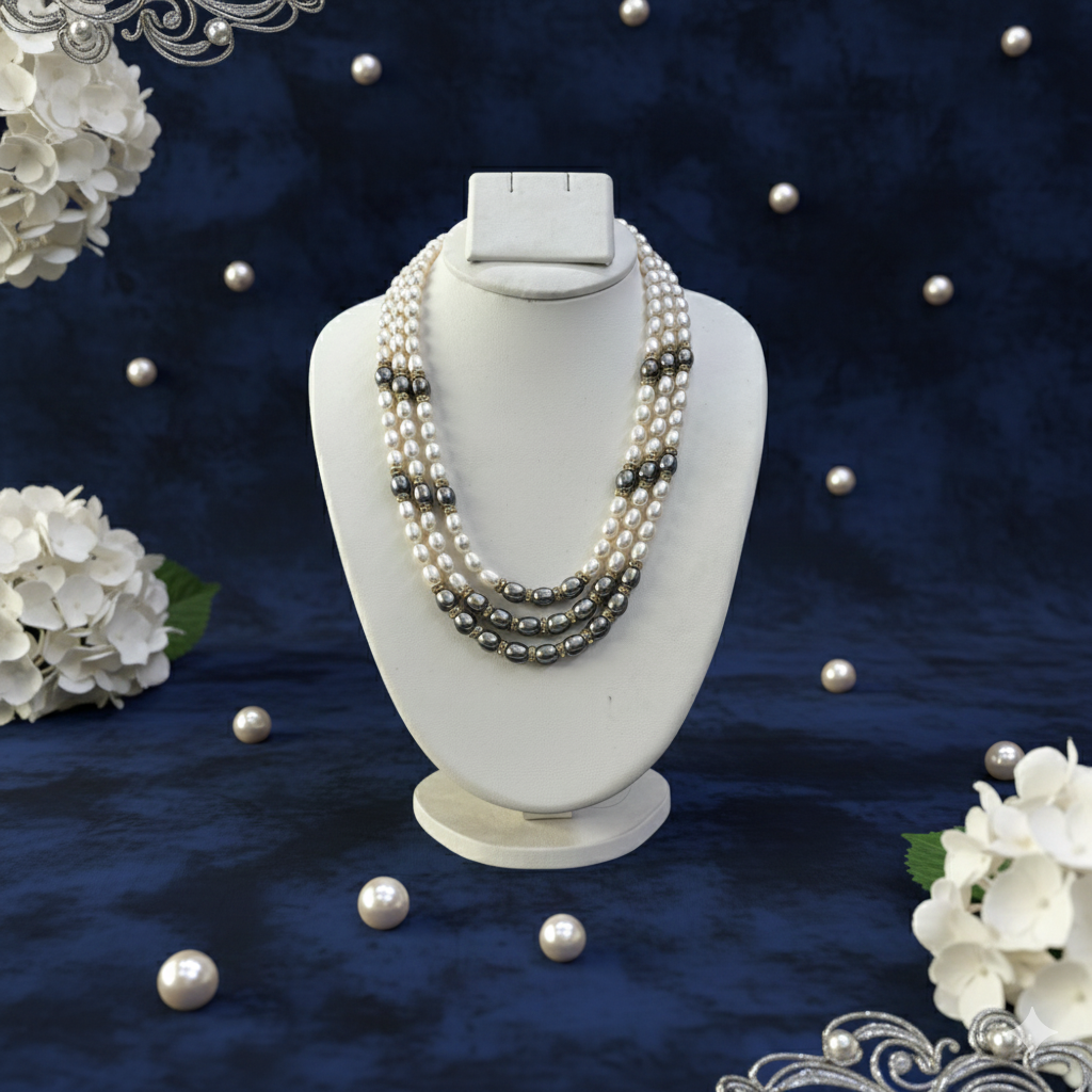 Elegant Freshwater Pearl Multi-Layer Necklace with Grey Beads