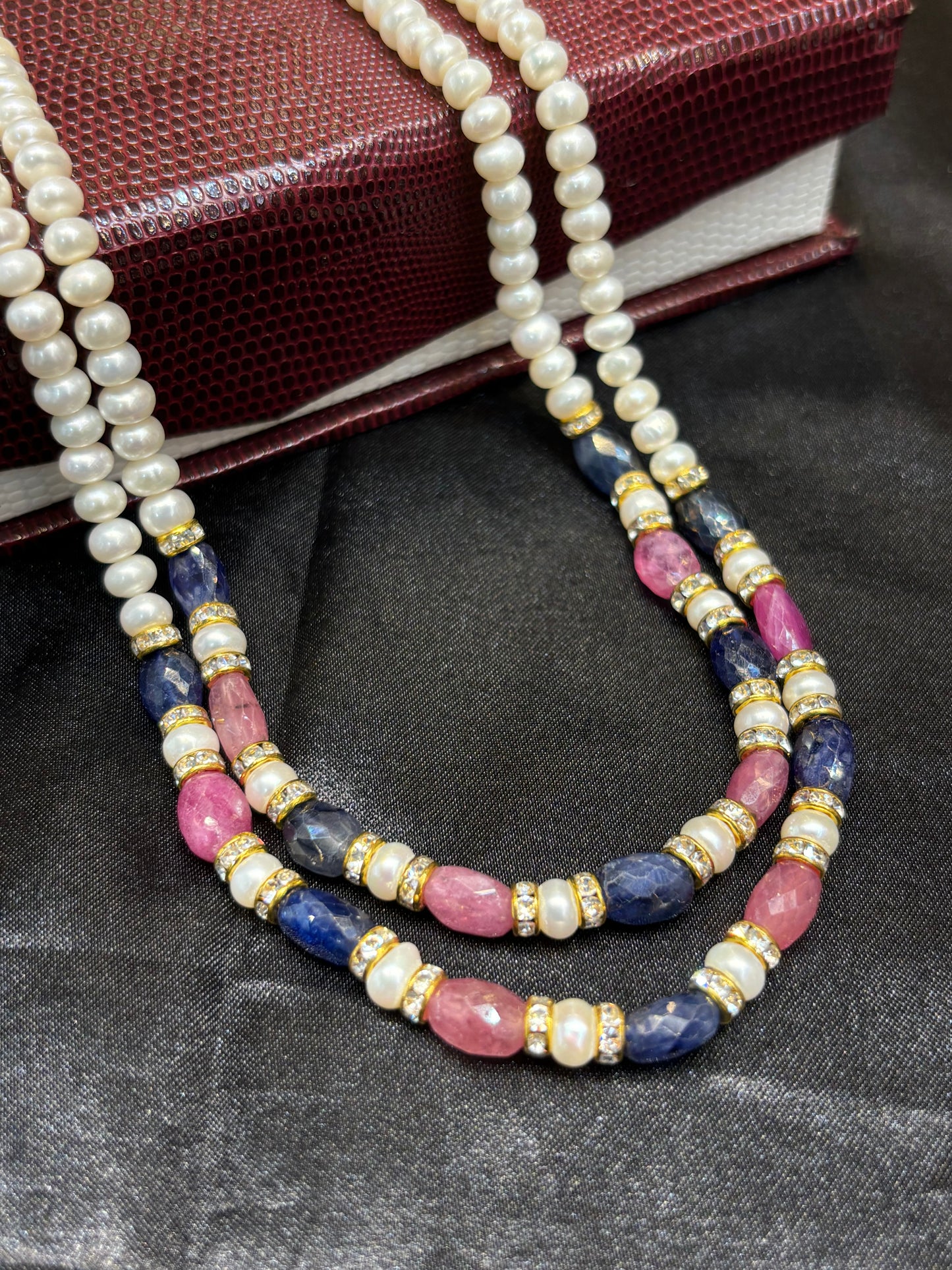 Premium Freshwater Pearl Necklace with Sapphire & Pink Gemstone Accents