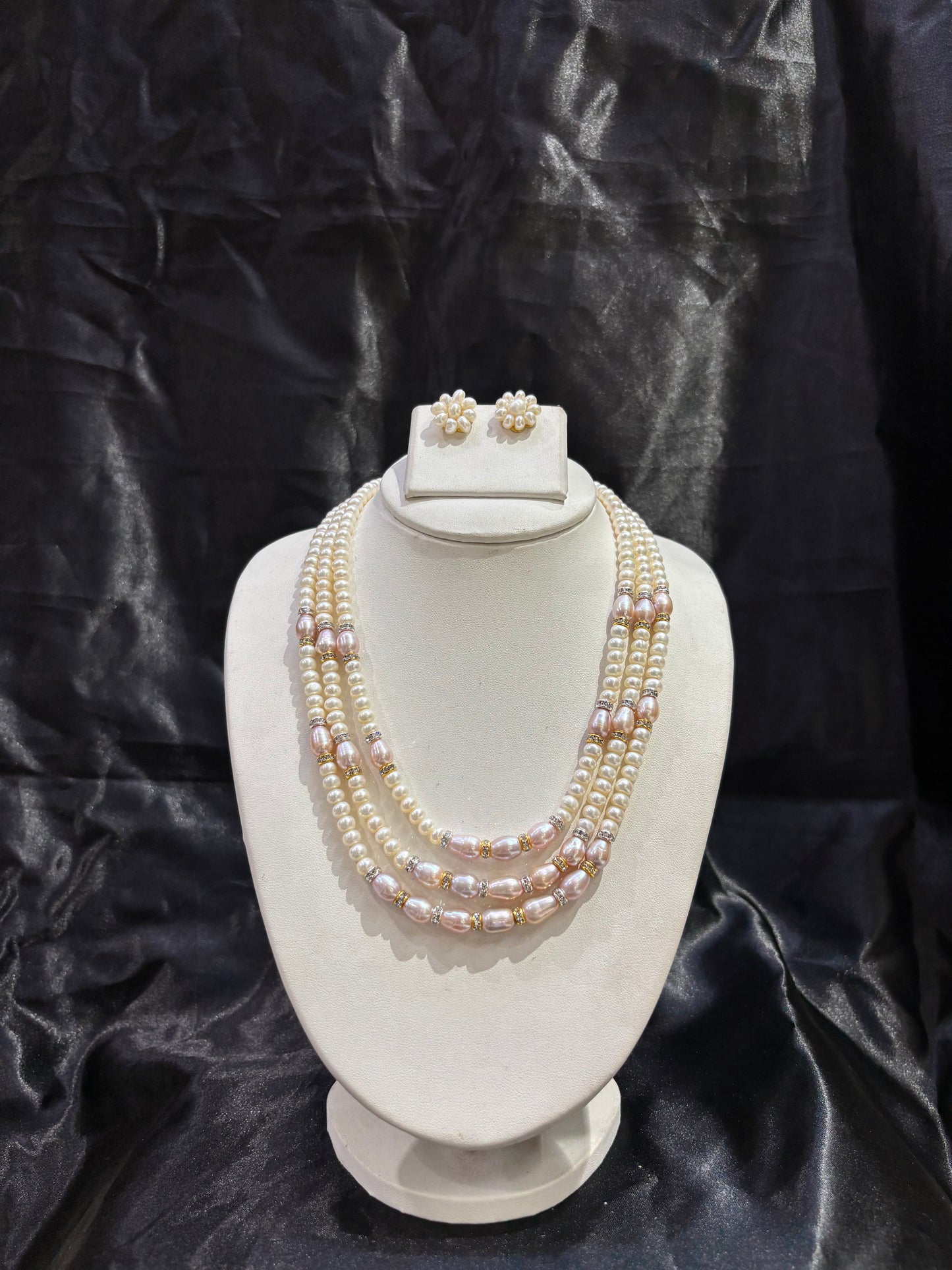 Luxury Triple Layer Pink Pearl Necklace Set