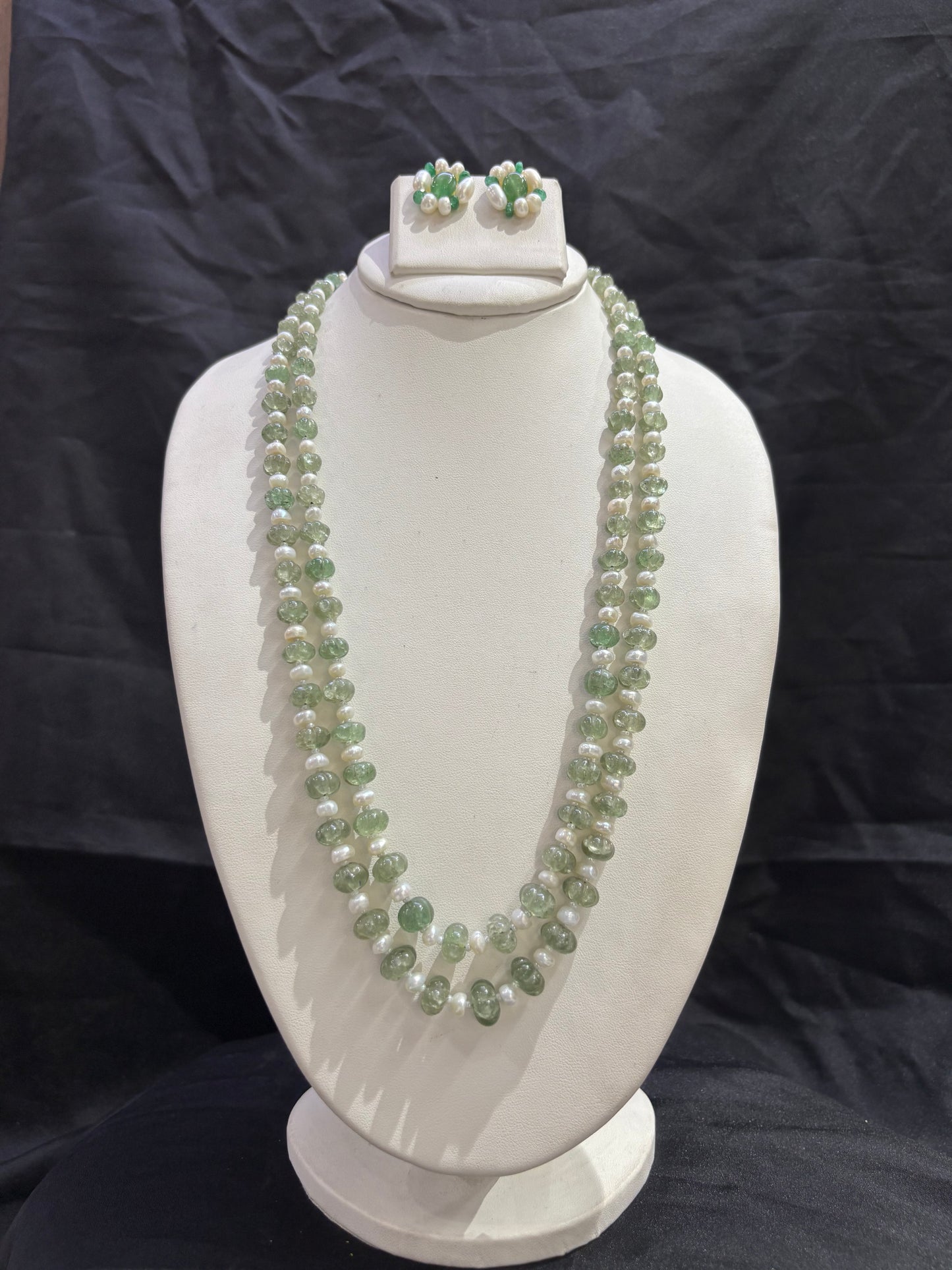 Elegant Green Gemstone & Freshwater Pearl 2-Line Necklace Set