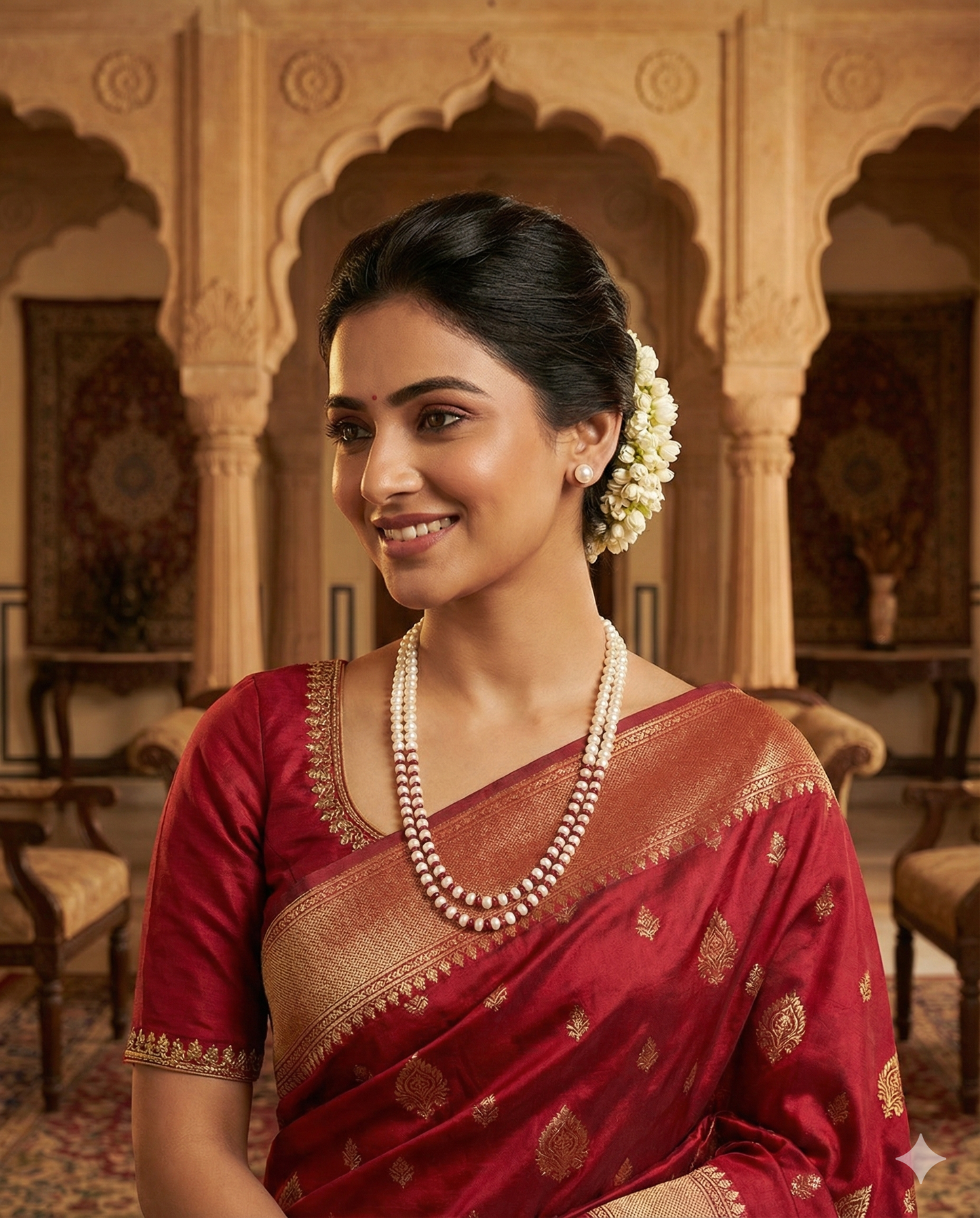 Royal Pearl Necklace Set with Traditional Red Saree Look