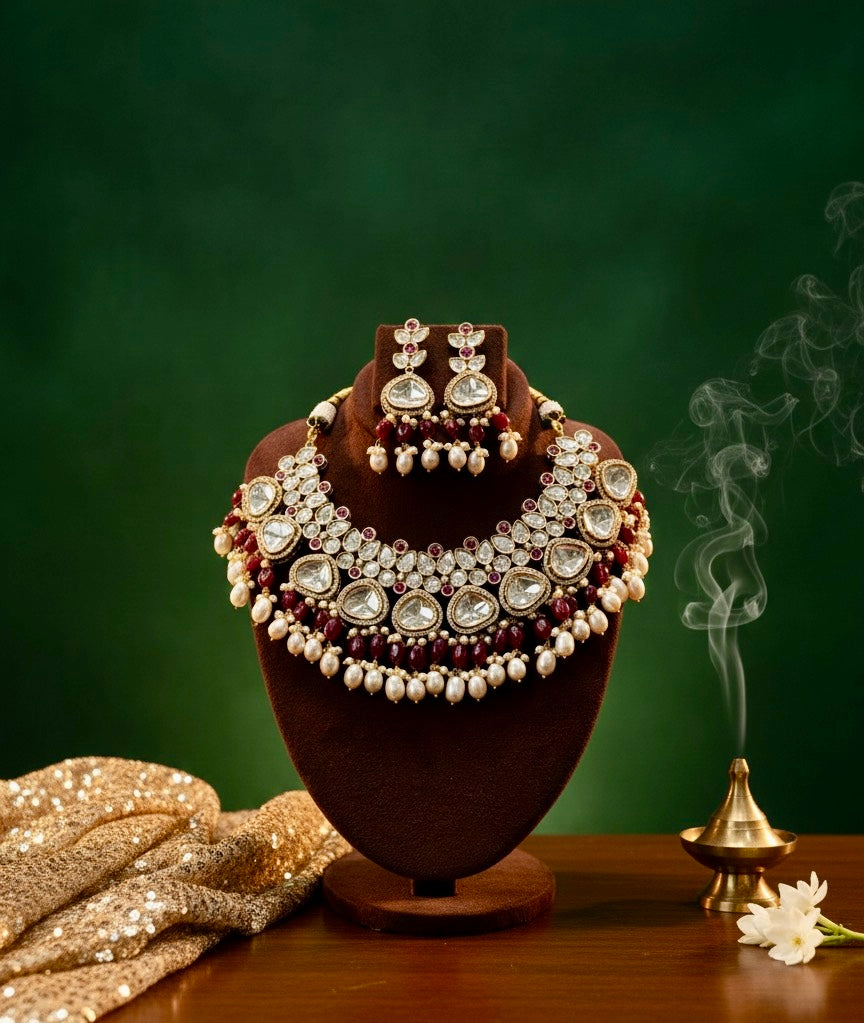 Royal Kundan Pearl Bridal Necklace Set with Earrings – Maroon & Gold