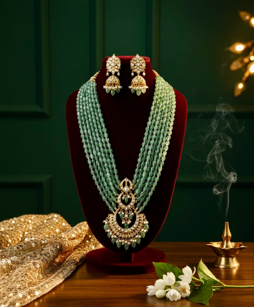 Royal Mint Green Kundan & Beaded Necklace Set with Jhumka Earrings