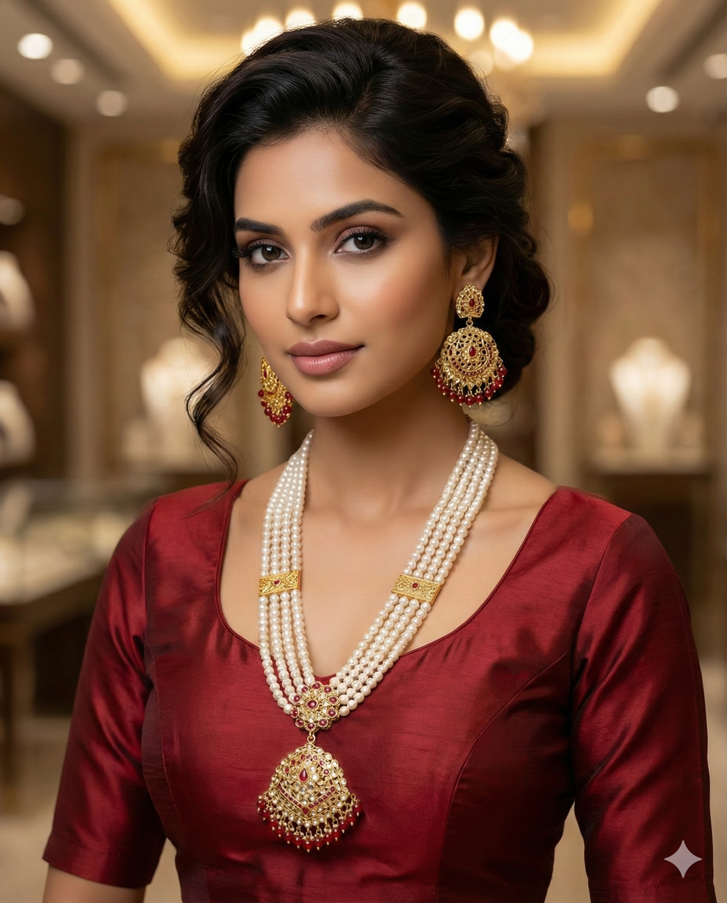 Royal Pearl Bridal Necklace with Pendant (Red Stone Work)