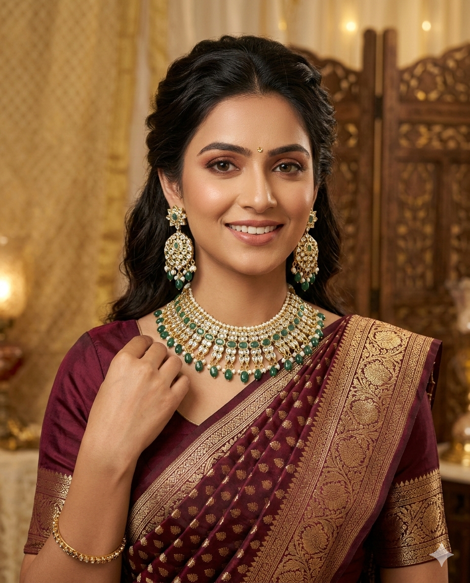 Royal Emerald & Pearl Bridal Choker Necklace Set